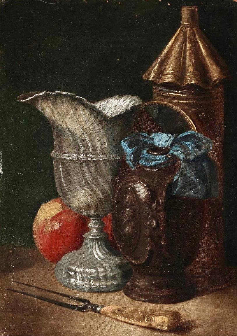 19th Century Still-Life, A Lantern, Tankard, Wine Ewer, Apple and a Fork - Painting by Unknown