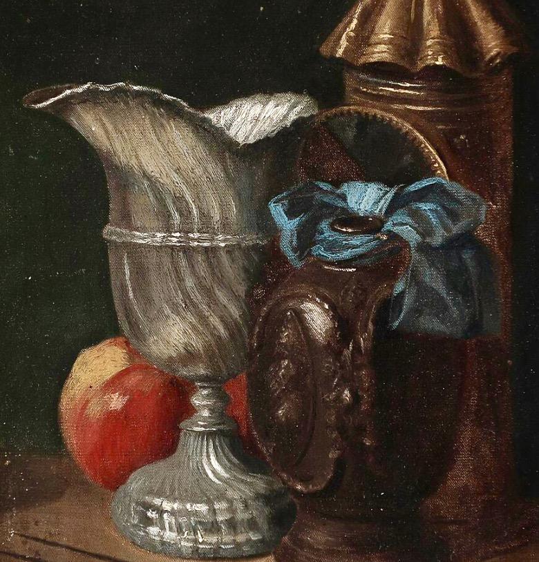 19th Century Still-Life, A Lantern, Tankard, Wine Ewer, Apple and a Fork For Sale 1
