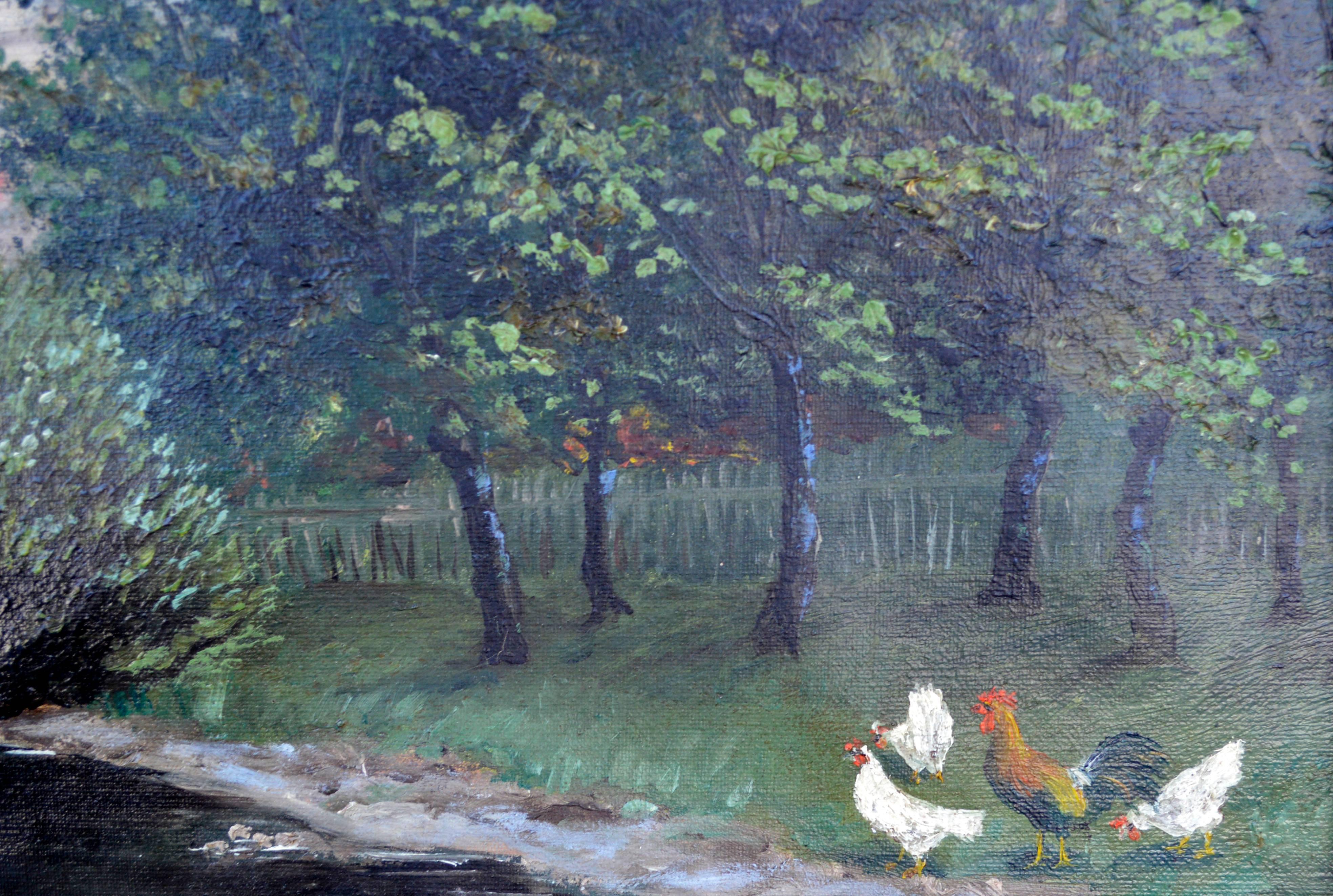 Paysage du Sussex du 19ème siècle avec poulets - Impressionnisme Painting par Unknown
