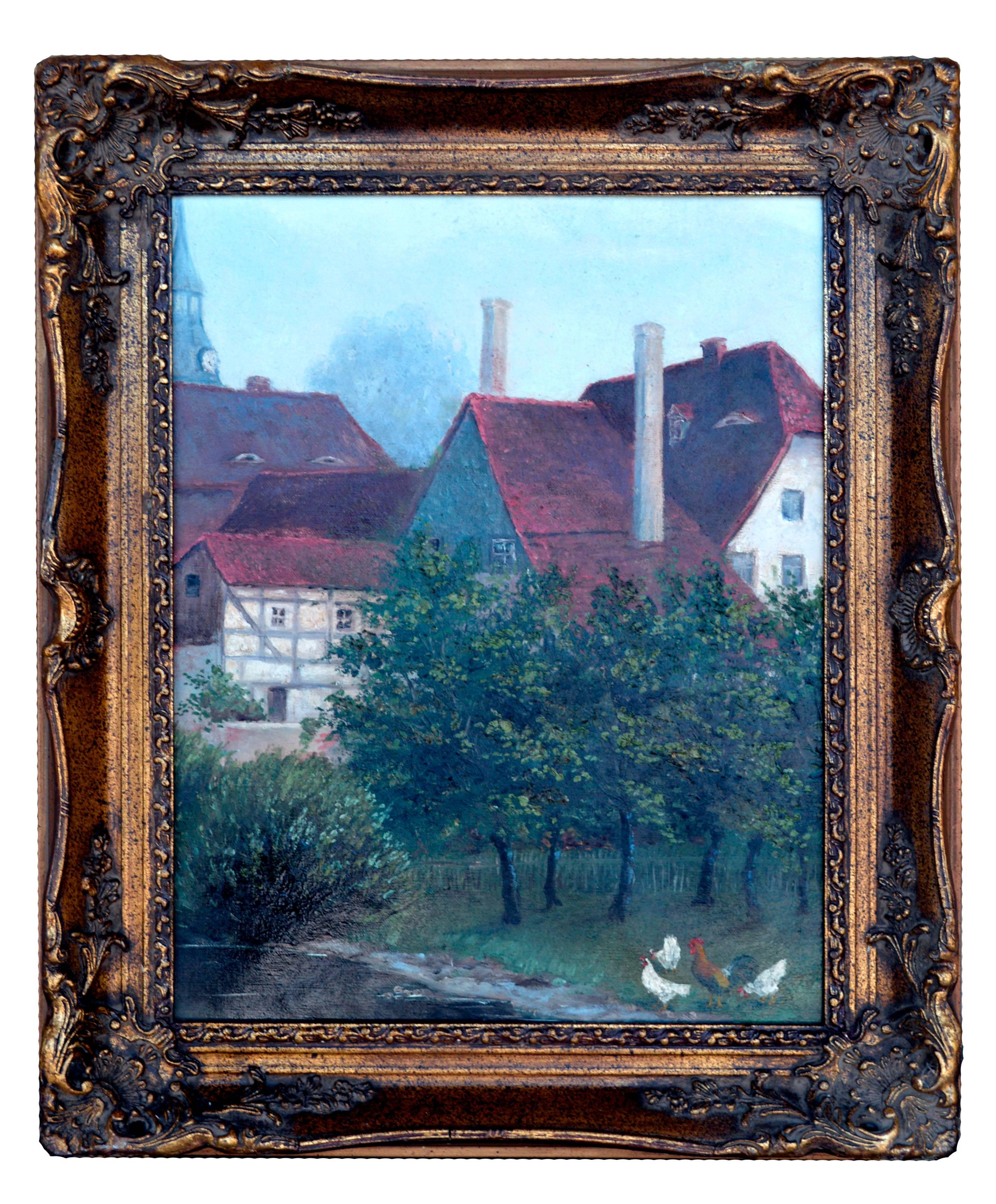 Unknown Landscape Painting - 19th Century Sussex Landscape with Chickens