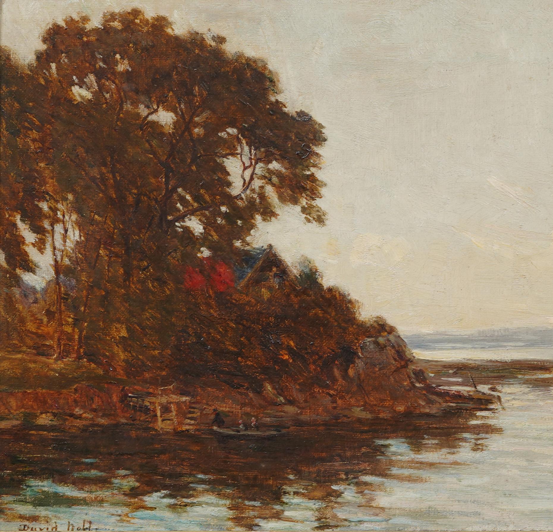 Tonalistische Herbst Fluss-Landschaft des 19. Jahrhunderts, signiertes gerahmtes Original-Ölgemälde (Braun), Landscape Painting, von Unknown