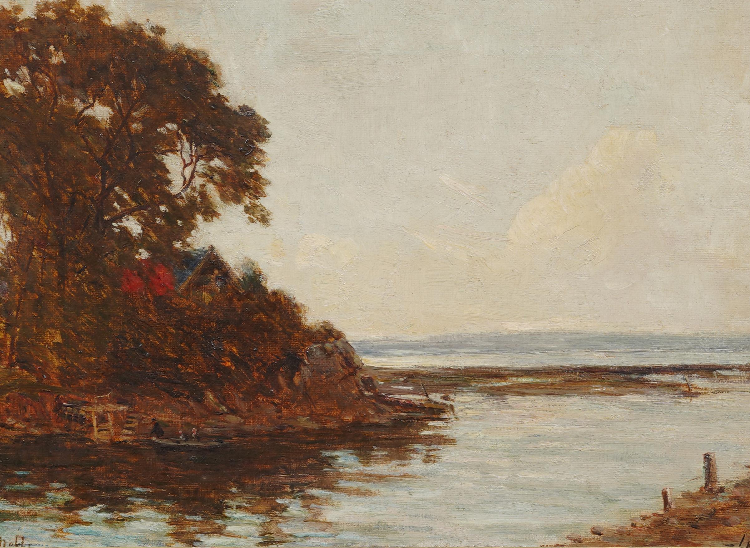 Antikes tonalistisches Gemälde einer Flusslandschaft.  Öl auf Leinwand.  In ausgezeichnetem Originalzustand.  Hübsch gerahmt in einer goldenen Goldholzleiste.  Ausgezeichneter Zustand, bereit zum Aufhängen und Genießen. 