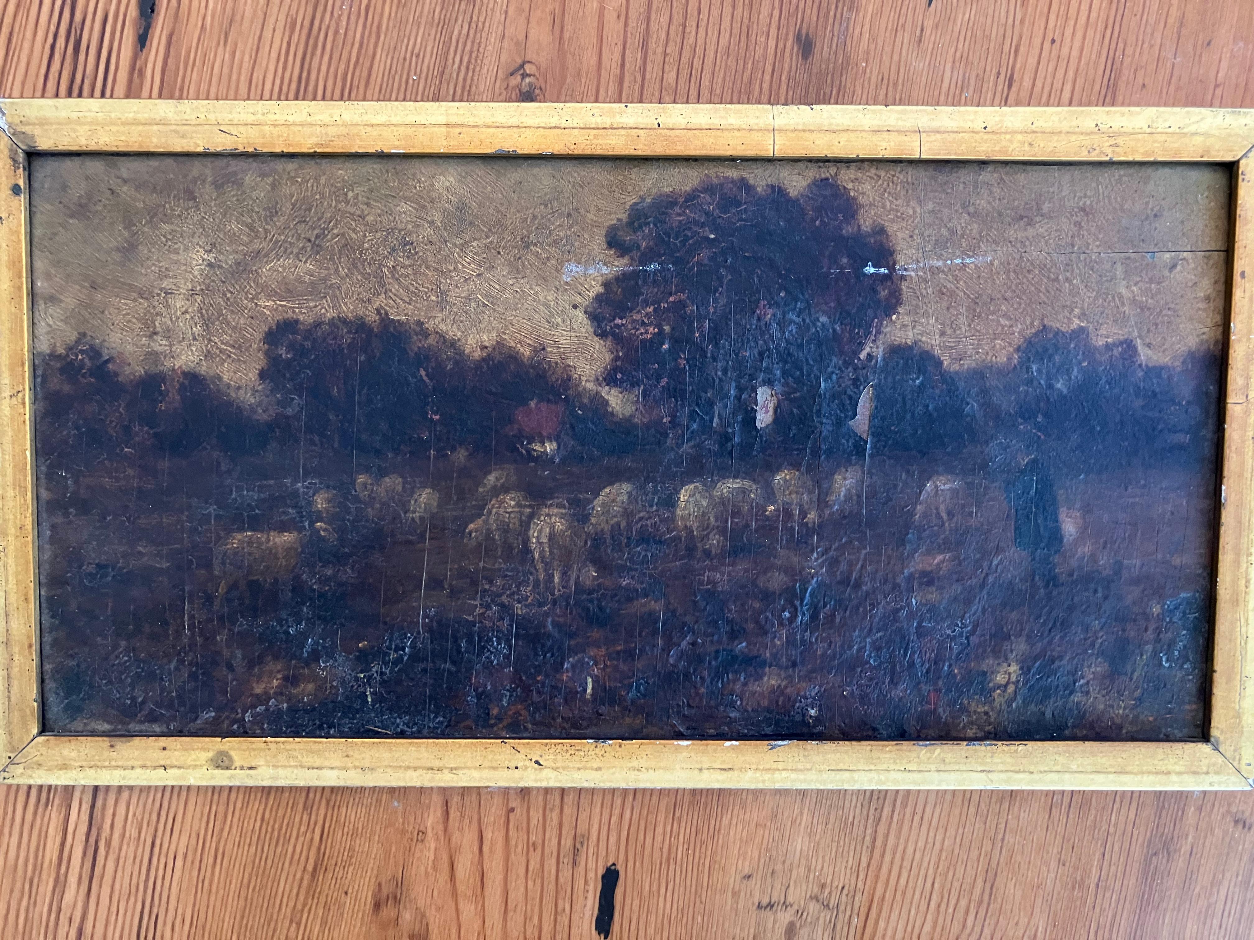 Animal Painting Unknown - Éleveur de moutons tonaliste du 19e siècle