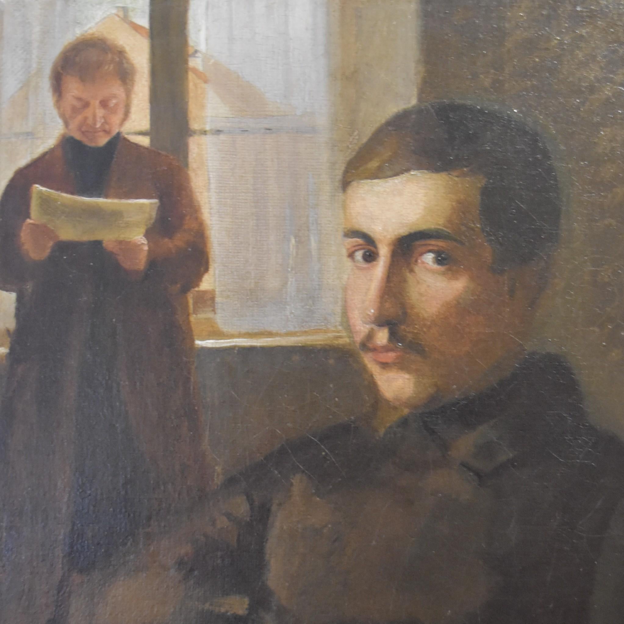 19ème siècle:: Deux hommes dans un intérieur:: un double portrait:: huile sur toile - Romantique Painting par Unknown