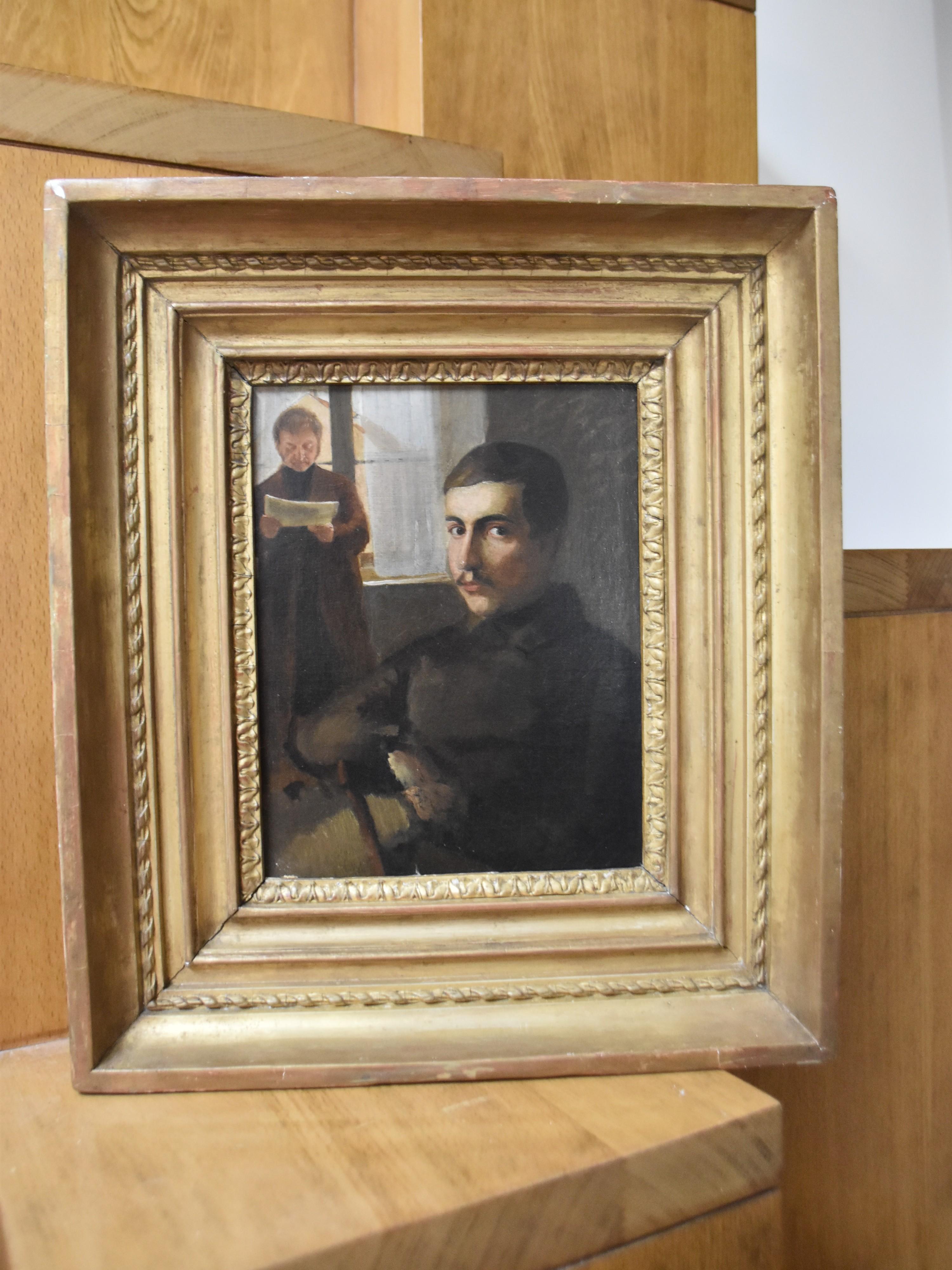 19ème siècle:: Deux hommes dans un intérieur:: un double portrait:: huile sur toile 1