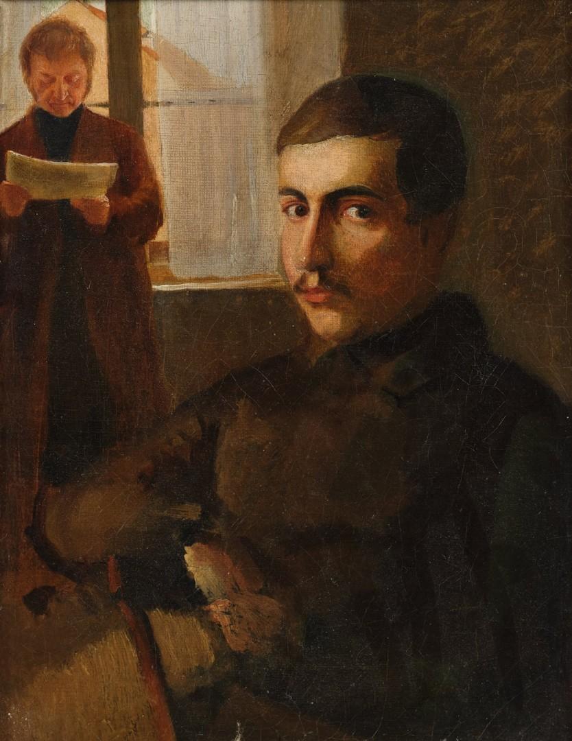 Unknown Figurative Painting - 19th Century, Two men in an interior, a double portrait,  oil on canvas