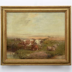 19th Century Victorian Animalier Pastoral Landscape Cows Sheep Oil Canvas Signed