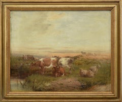 19th Century Victorian Animalier Pastoral Landscape Cows Sheep Oil Canvas Signed