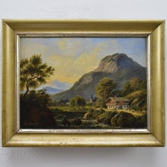 Viktorianische romantische Landschaft aus dem 19. Jahrhundert – Alpine Idylle, Öl auf Holztafel, signiert
