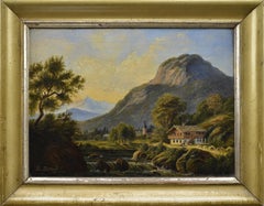 Viktorianische romantische Landschaft aus dem 19. Jahrhundert – Alpine Idylle, Öl auf Holztafel, signiert