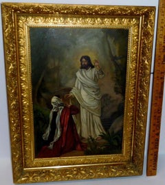 19th Century Woman Kneeling Before Jesus Oil on Board Painting