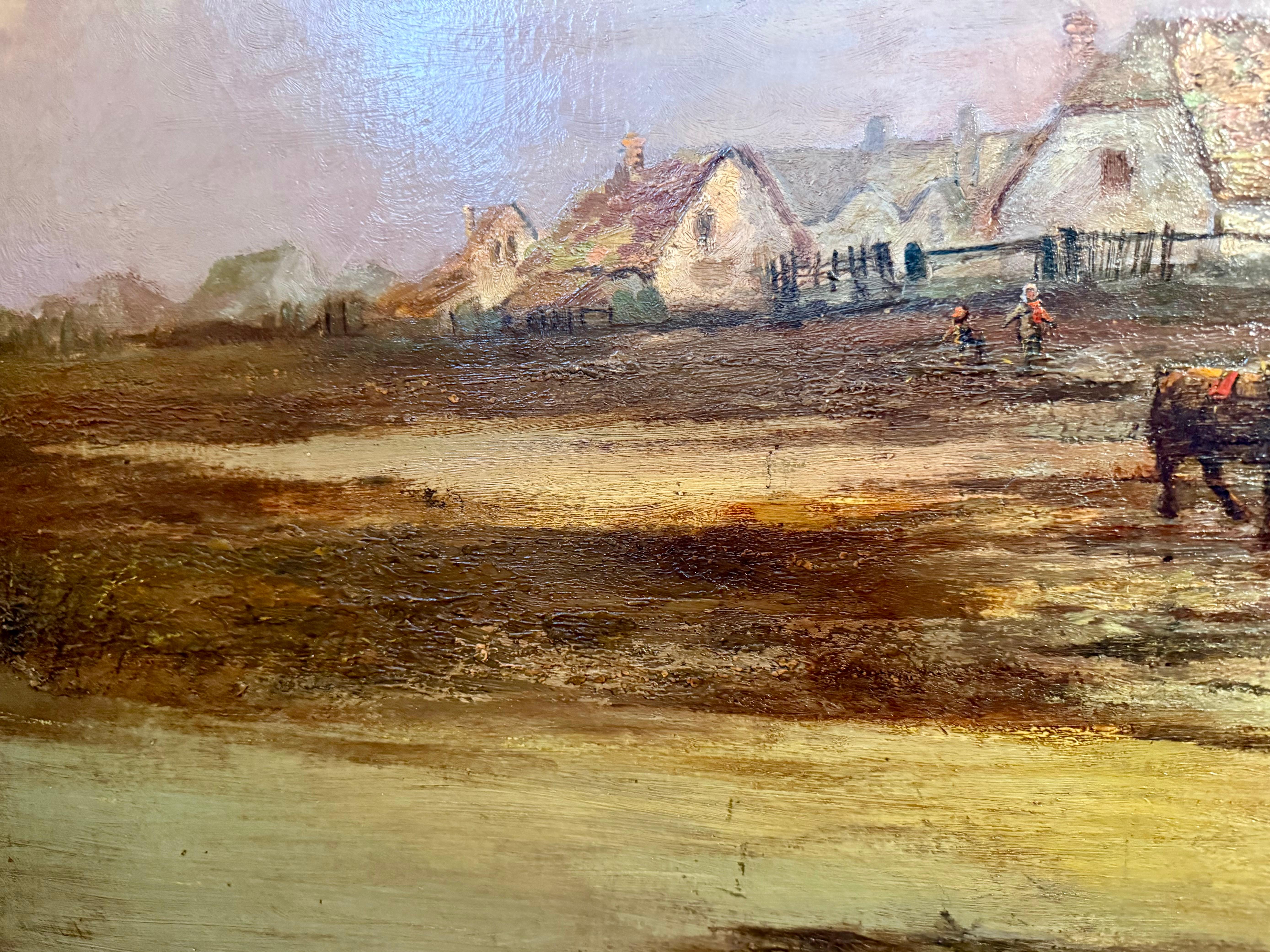 Peinture à l'huile du 19e siècle, chaumières et Church's, deux chevaux, personnages, zone humide en vente 5