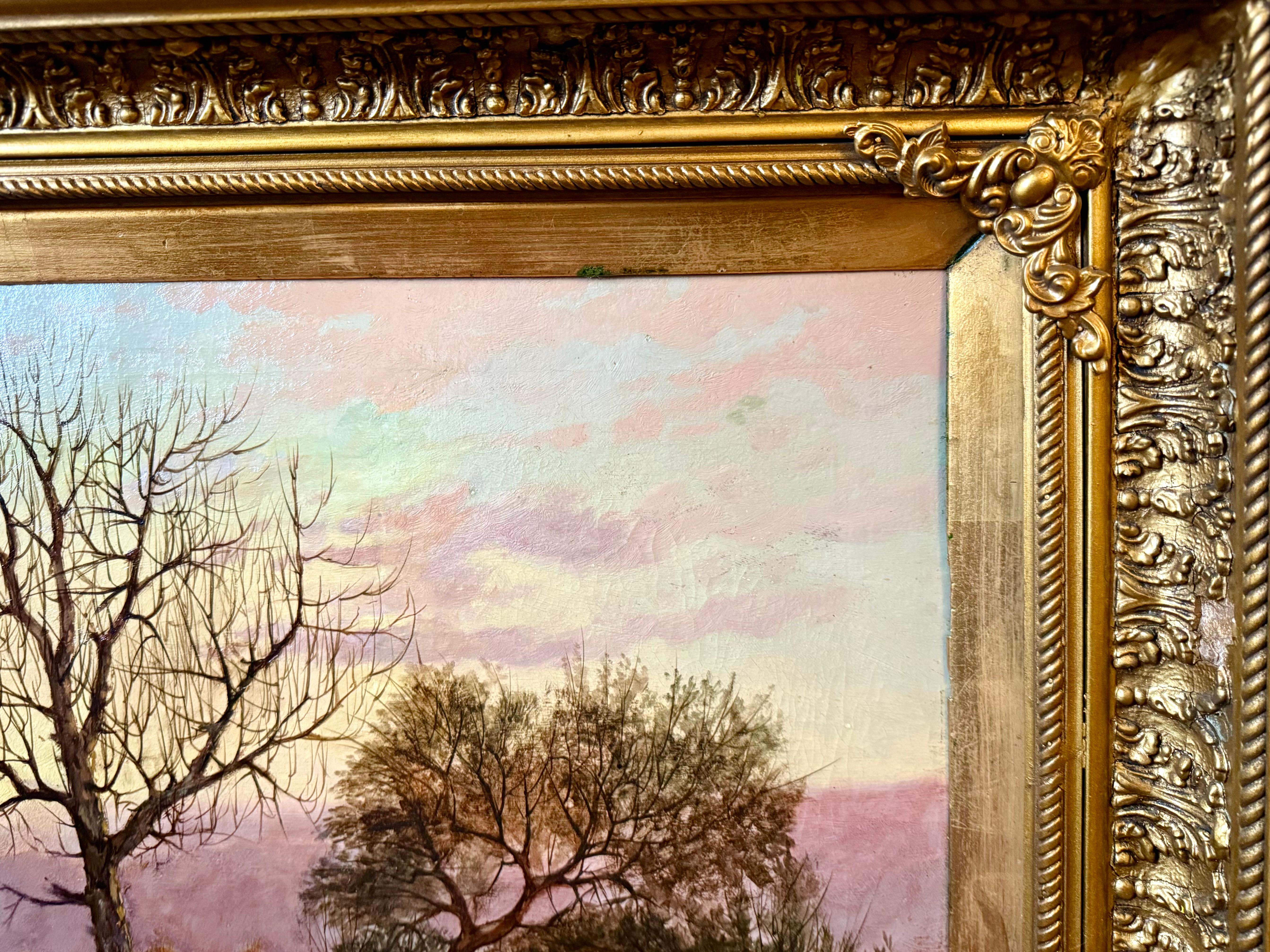 Peinture à l'huile du 19e siècle, chaumières et Church's, deux chevaux, personnages, zone humide en vente 6