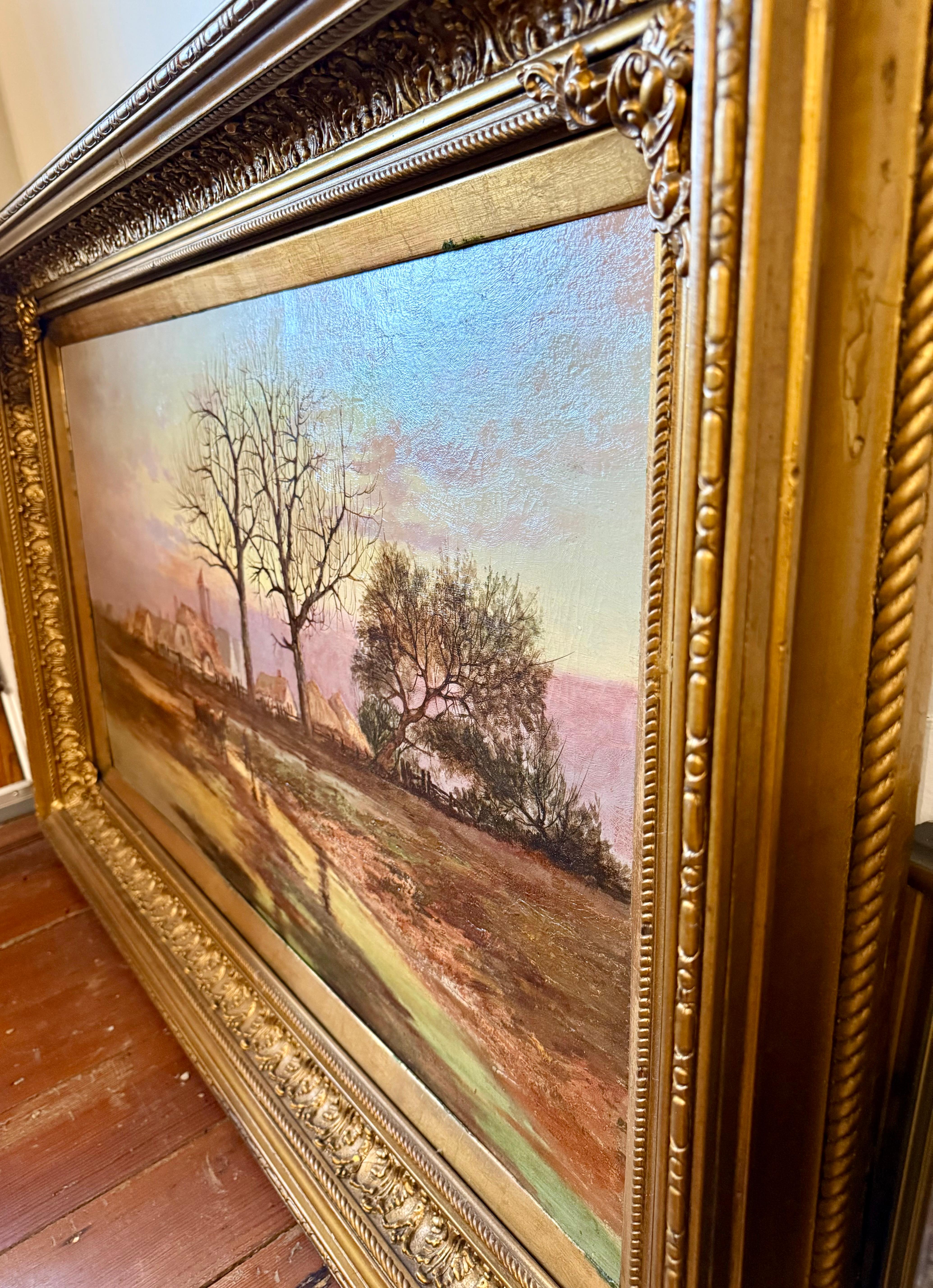 Peinture à l'huile du 19e siècle, chaumières et Church's, deux chevaux, personnages, zone humide en vente 7