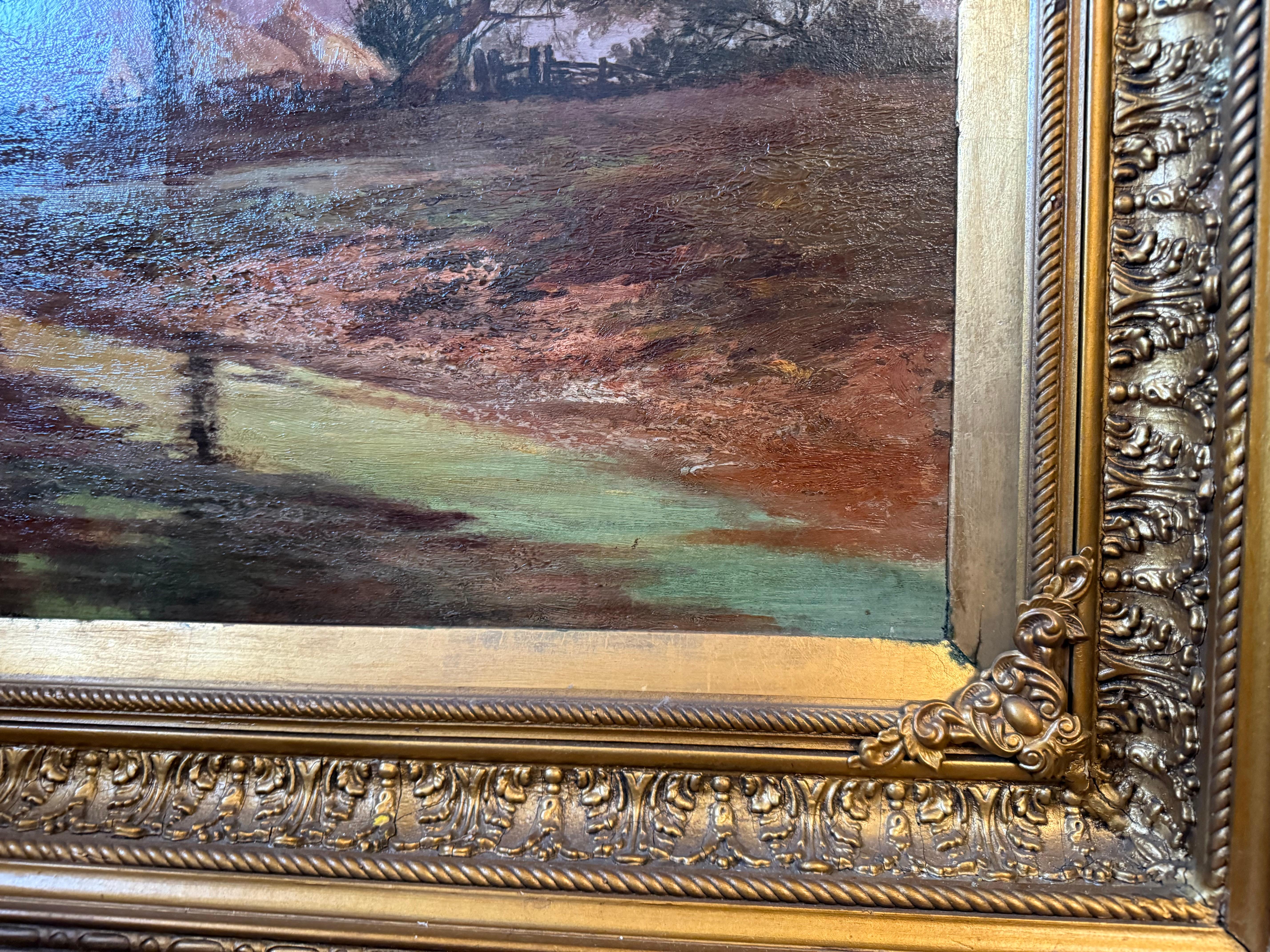 Peinture à l'huile du 19e siècle, chaumières et Church's, deux chevaux, personnages, zone humide en vente 8