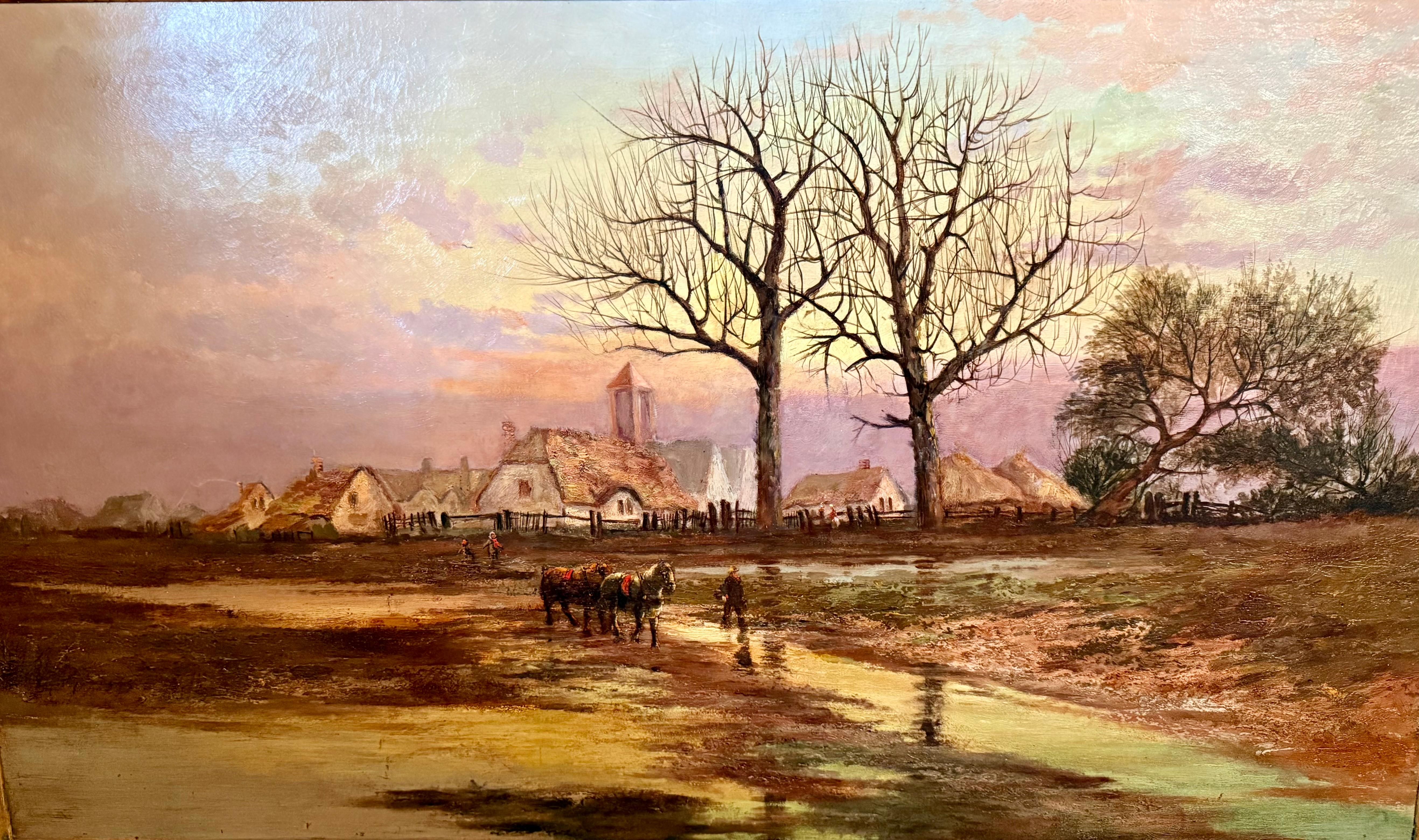 Peinture à l'huile du 19e siècle, chaumières et Church's, deux chevaux, personnages, zone humide - Painting de Unknown