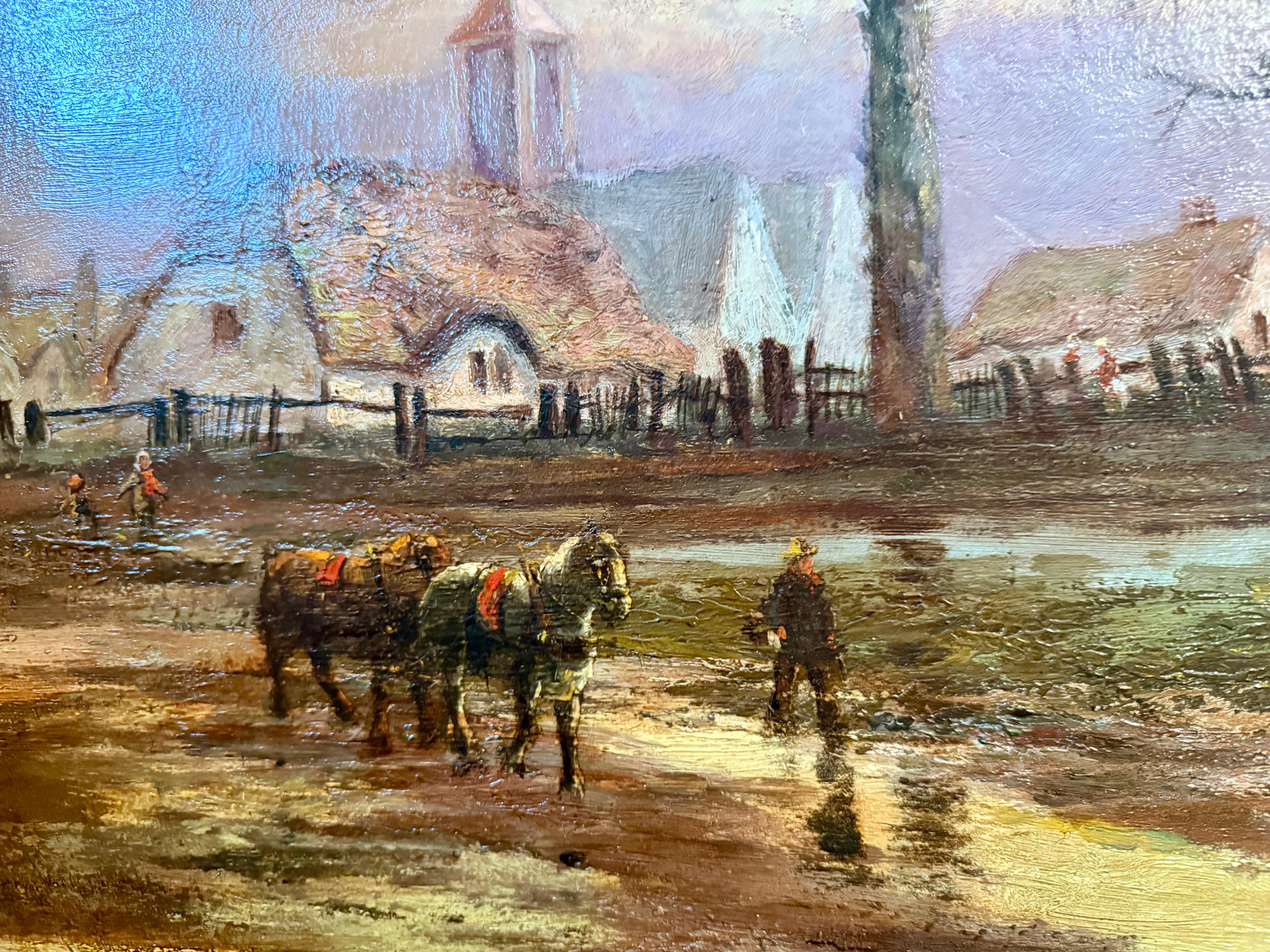 Peinture à l'huile du 19e siècle, chaumières et Church's, deux chevaux, personnages, zone humide - Impressionnisme Painting par Unknown