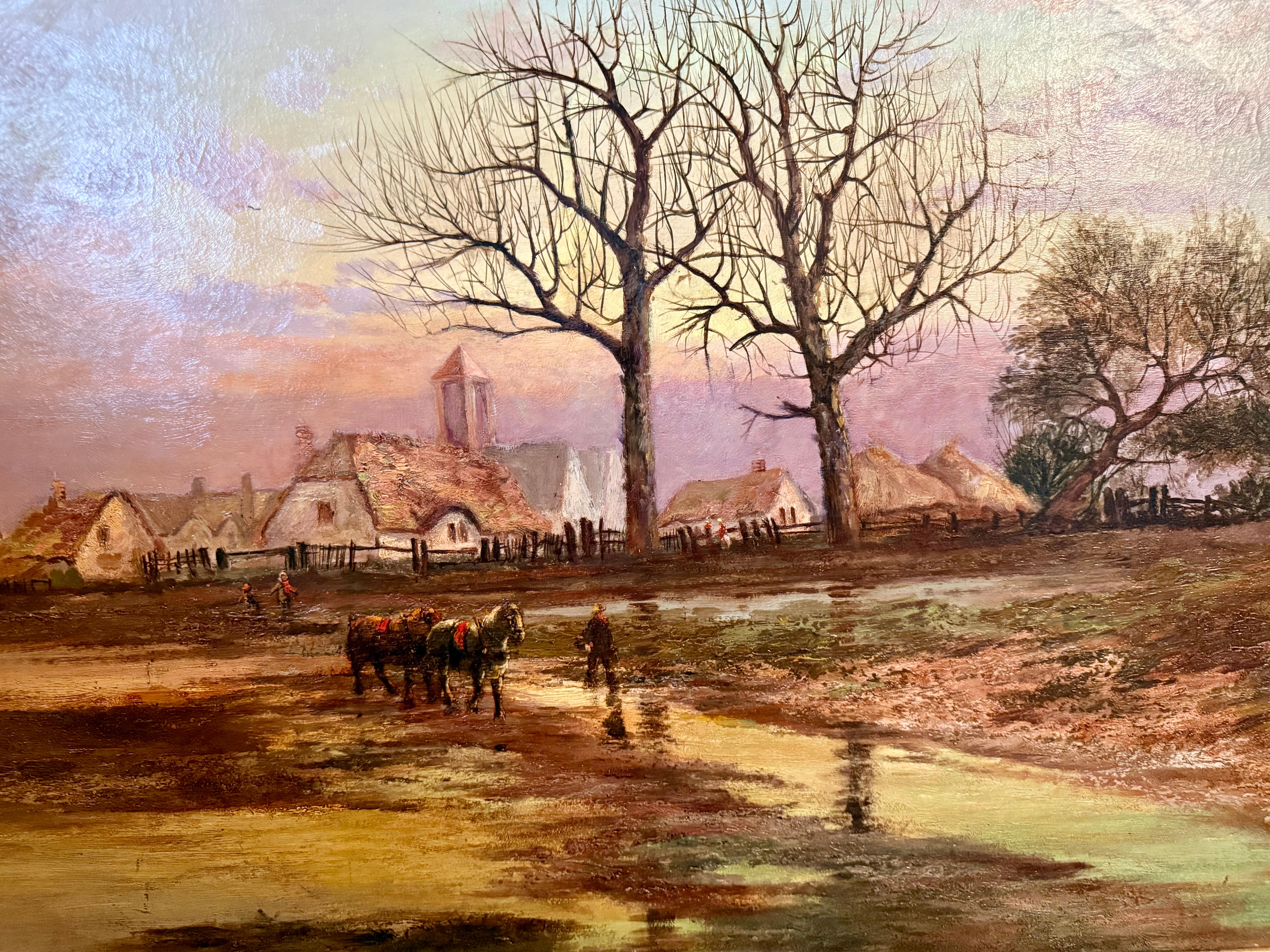 Peinture à l'huile du 19e siècle, chaumières et Church's, deux chevaux, personnages, zone humide - Marron Landscape Painting par Unknown