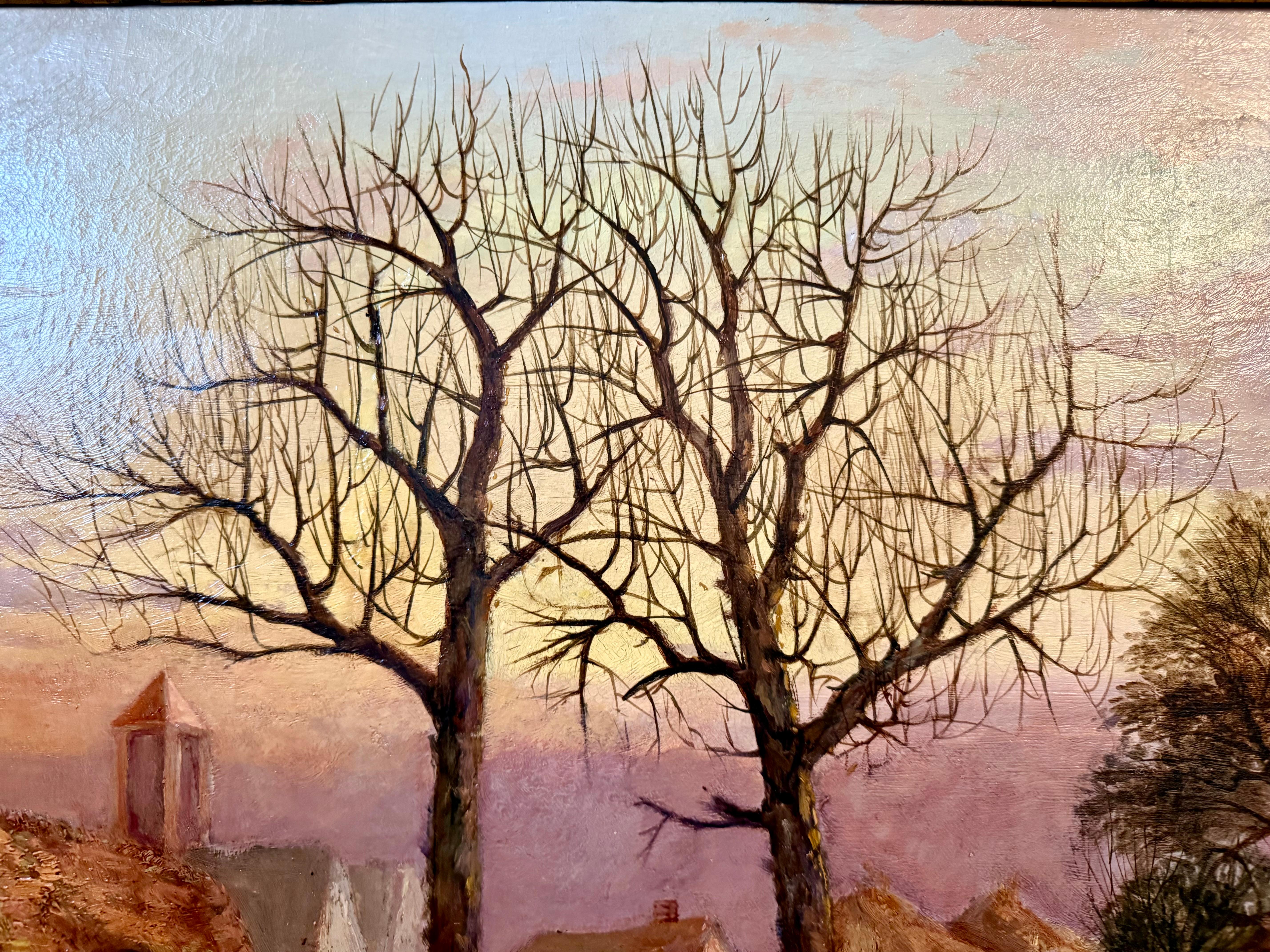 Grande peinture à l'huile d'un début de Townes rural, britannique ou européen, de chaumières et d'une église dans un vaste paysage avec des chevaux et des personnages sur un sol humide et brillant reflétant le ciel et les arbres. Une signature