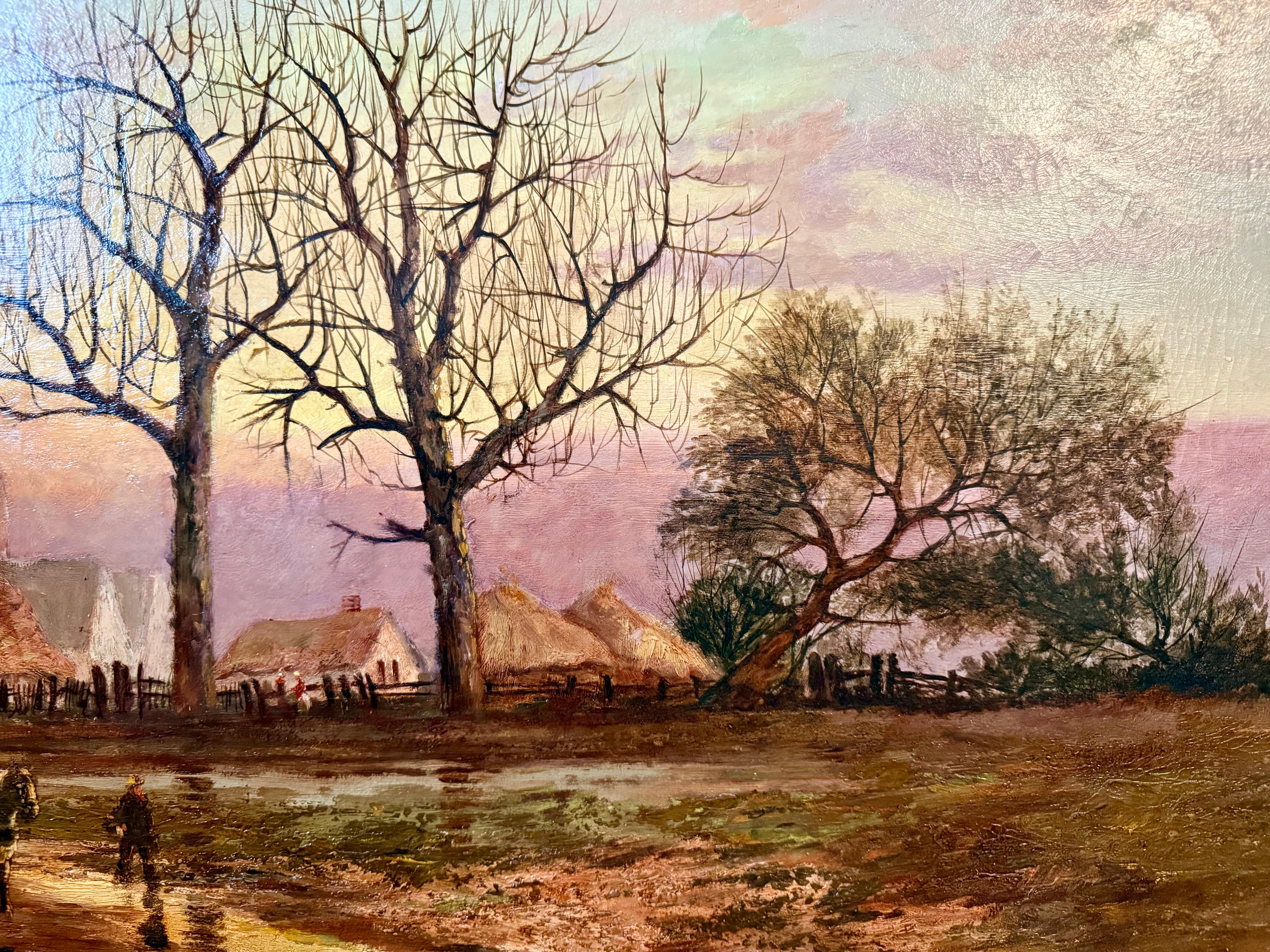 Peinture à l'huile du 19e siècle, chaumières et Church's, deux chevaux, personnages, zone humide en vente 1