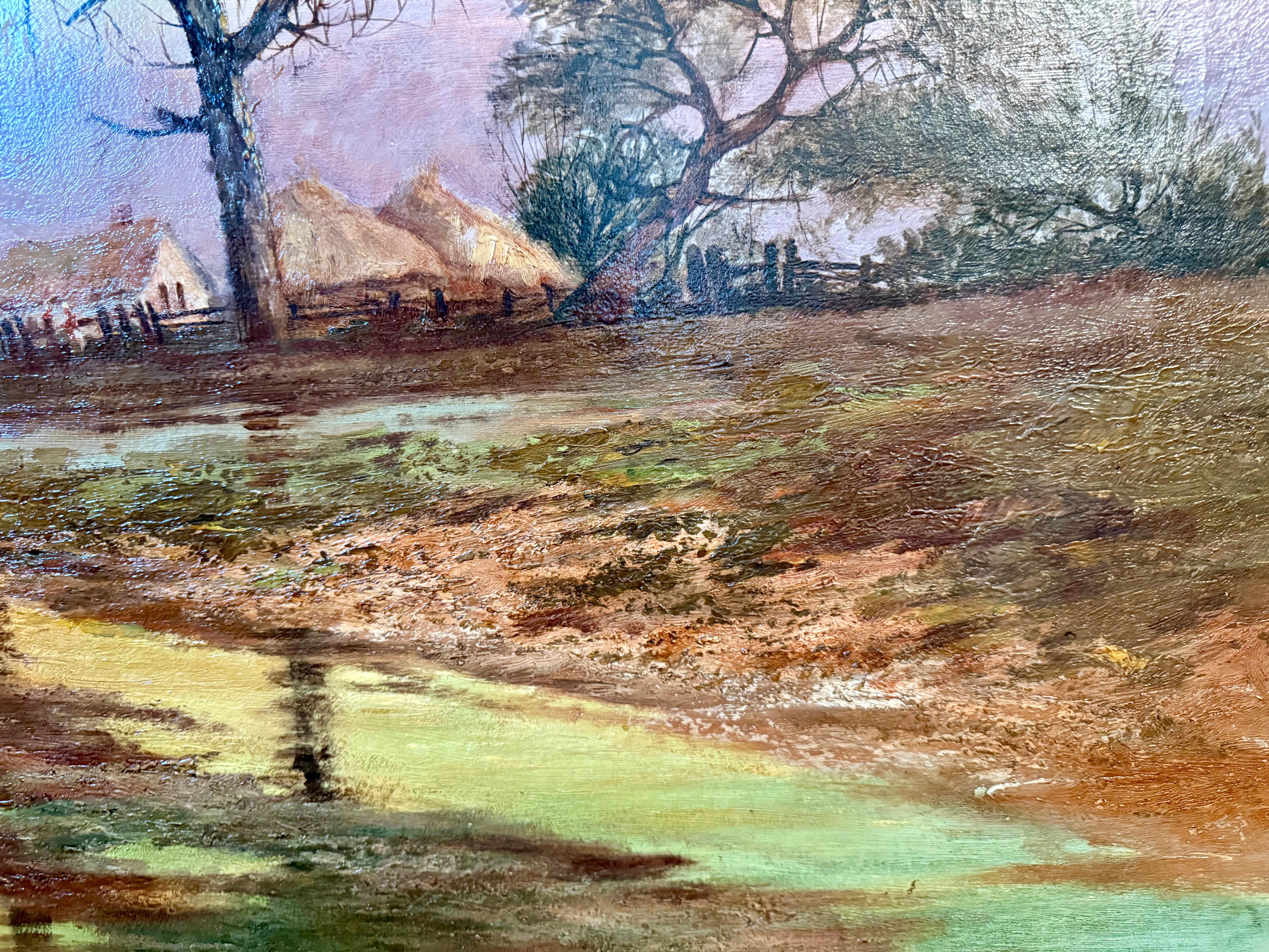 Peinture à l'huile du 19e siècle, chaumières et Church's, deux chevaux, personnages, zone humide en vente 2