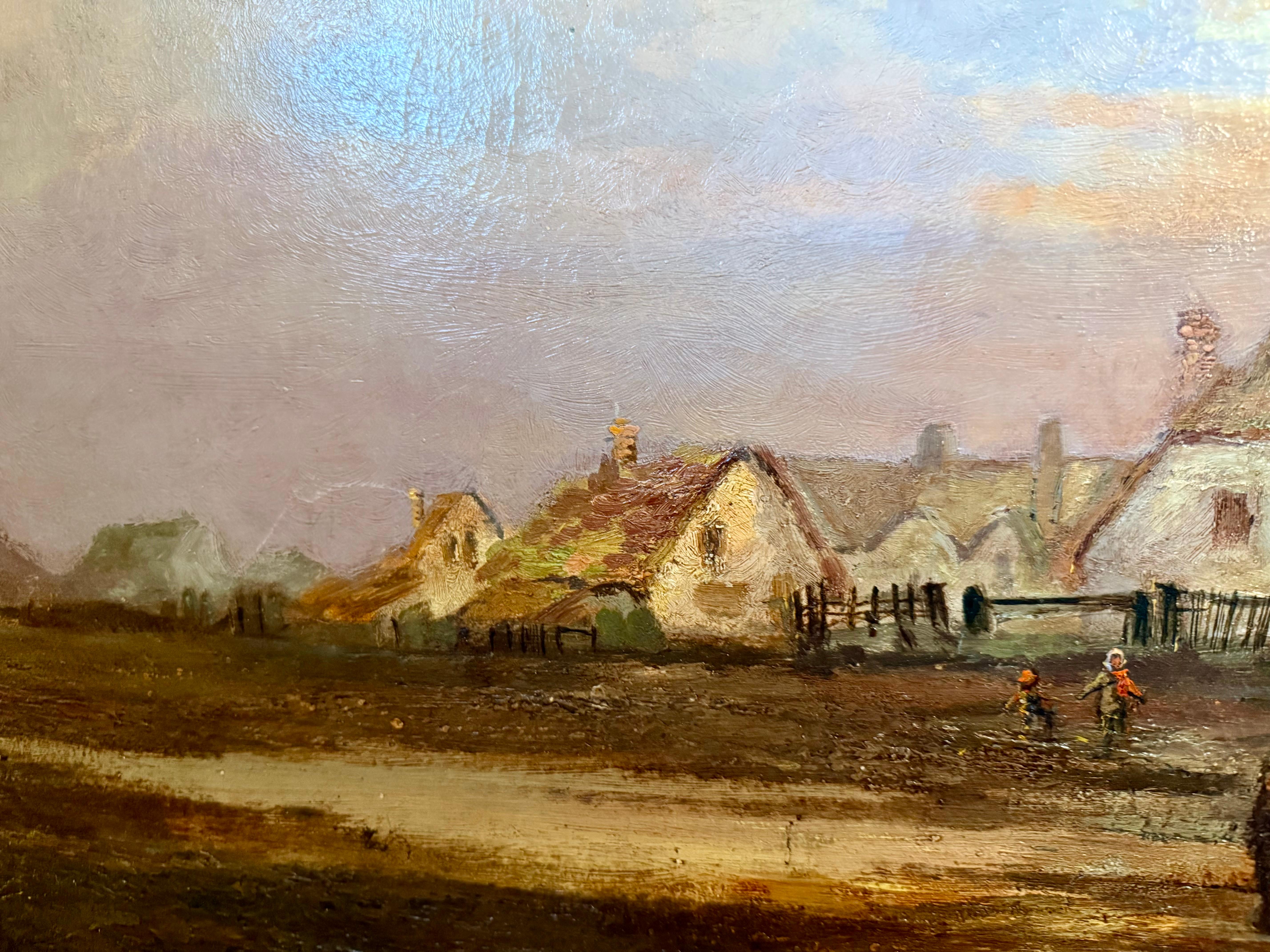 Peinture à l'huile du 19e siècle, chaumières et Church's, deux chevaux, personnages, zone humide en vente 3