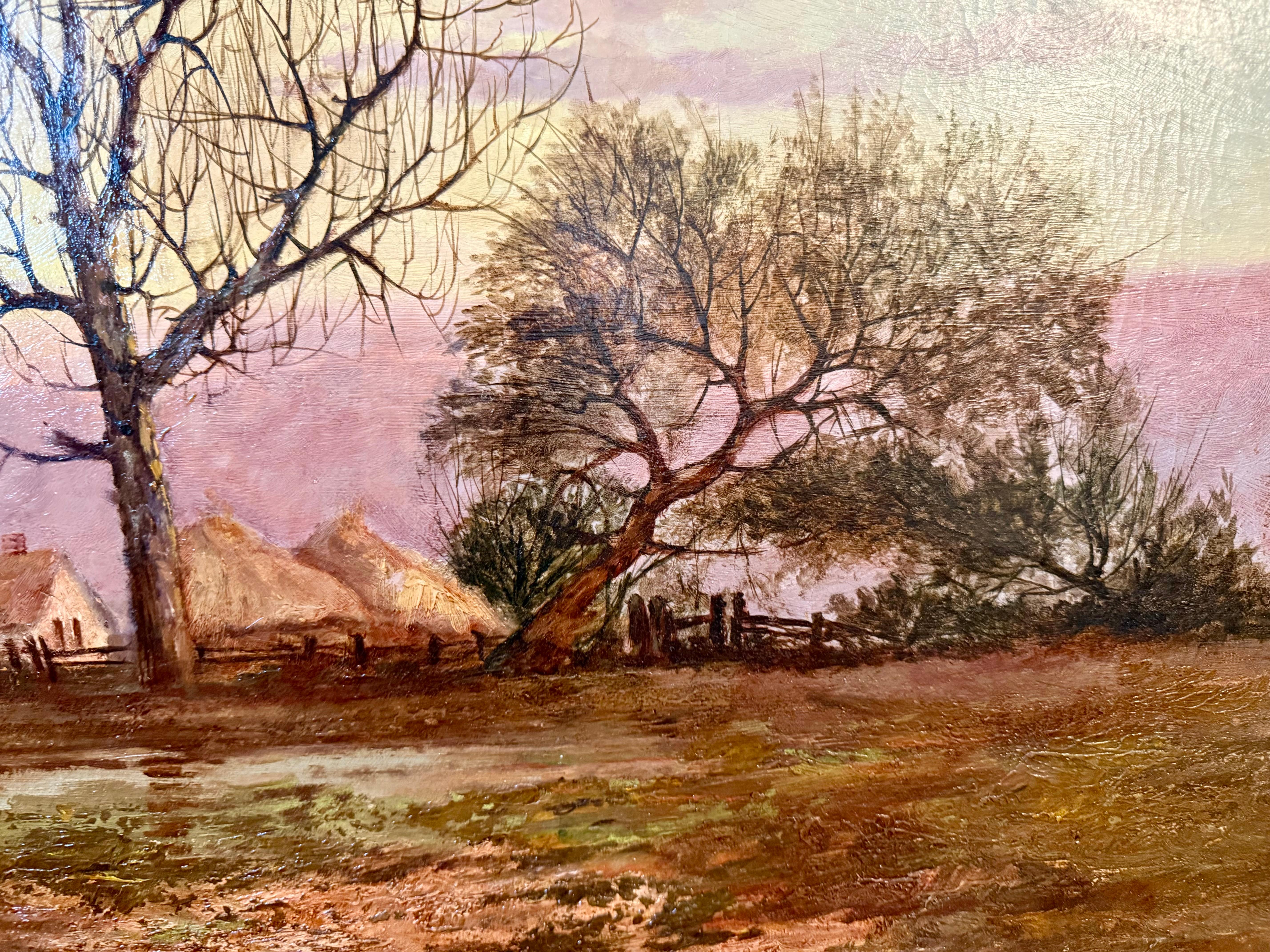 Peinture à l'huile du 19e siècle, chaumières et Church's, deux chevaux, personnages, zone humide en vente 4