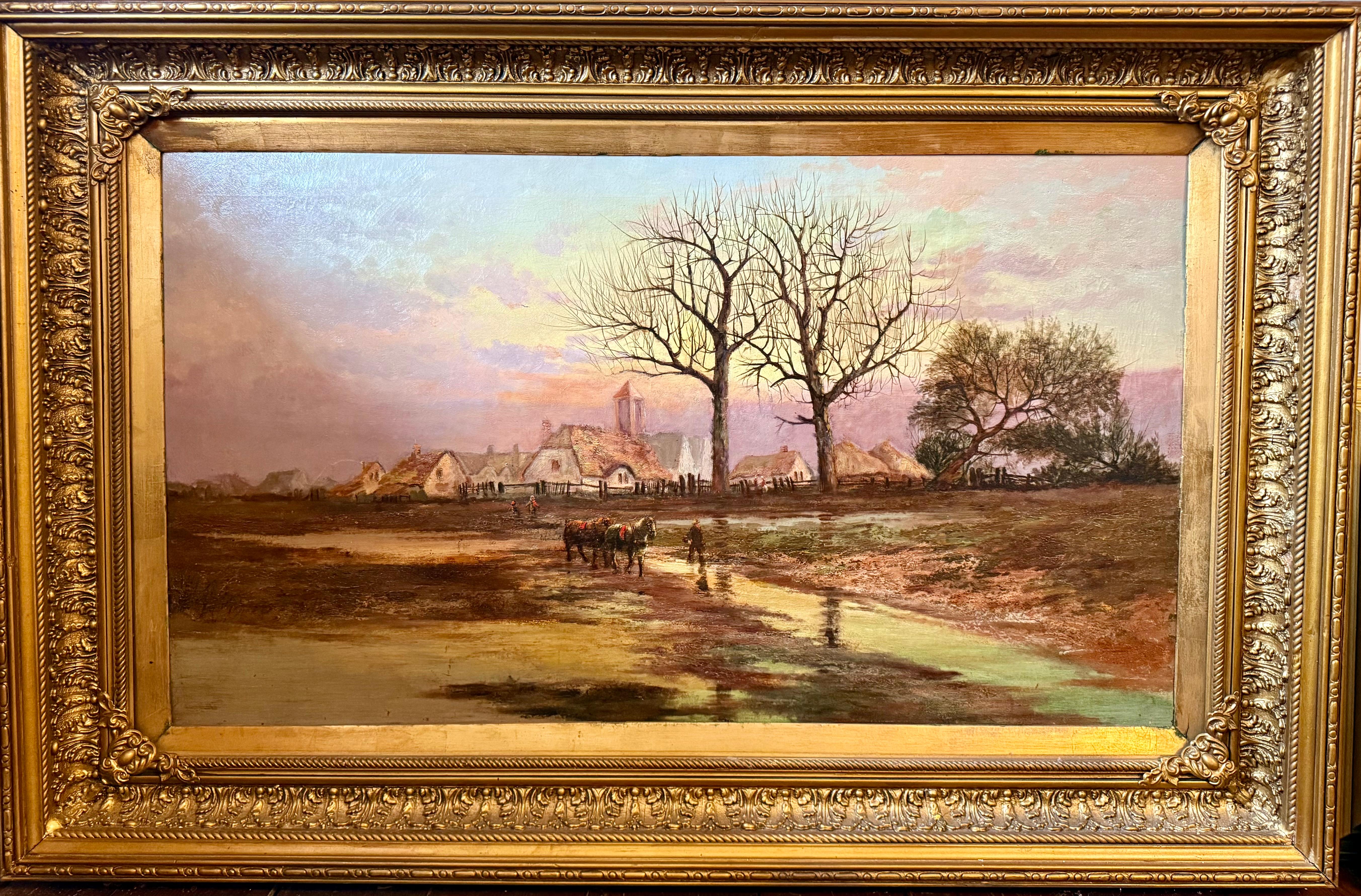 19thC oil painting, thatched cottages and church, two horses, figures, wetland