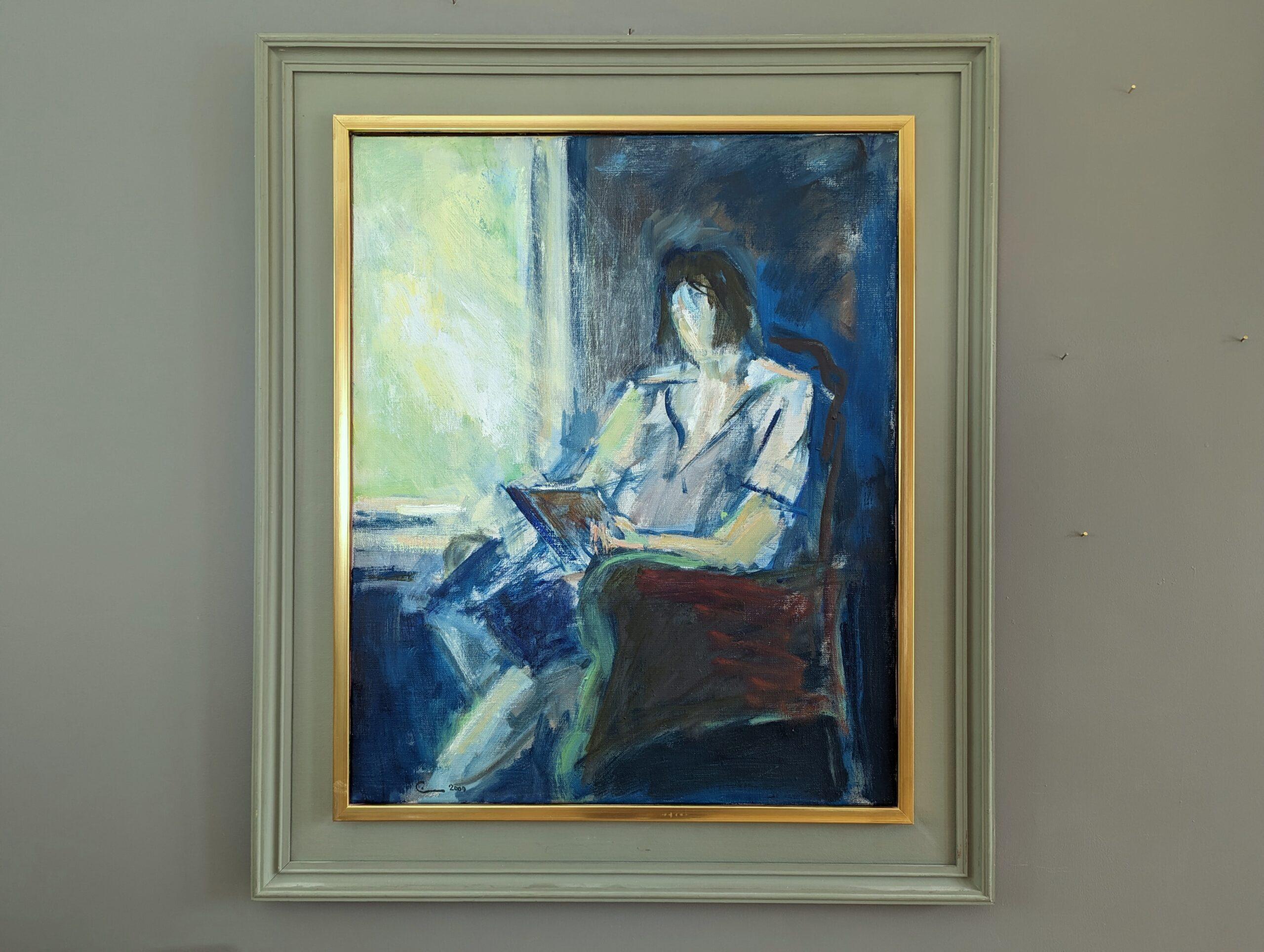 2000 Pittura ad olio figurativa astratta contemporanea - Lettura alla finestra - Painting di Unknown