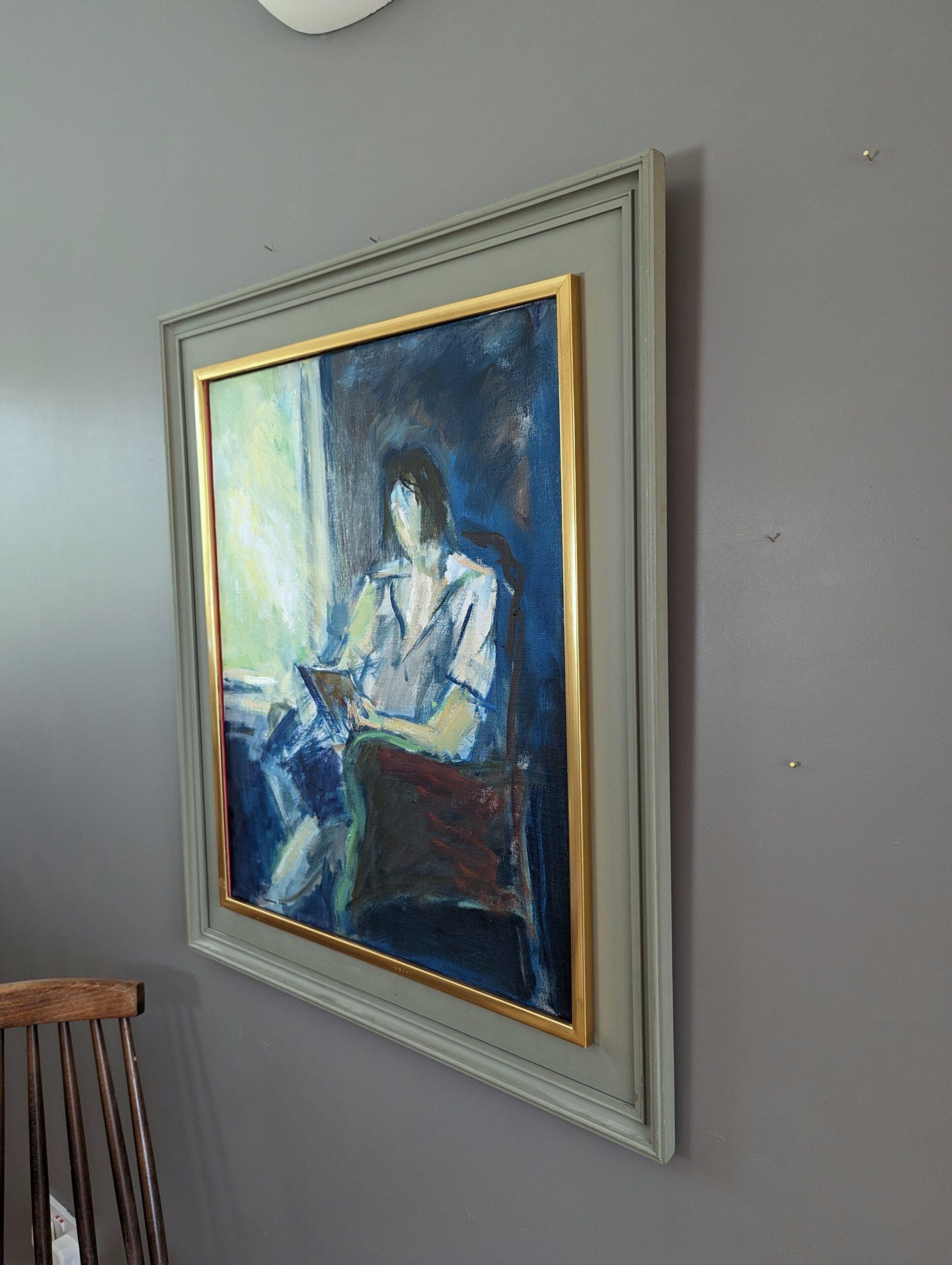 2000 Pittura ad olio figurativa astratta contemporanea - Lettura alla finestra - Abstract Painting Grigio di Unknown