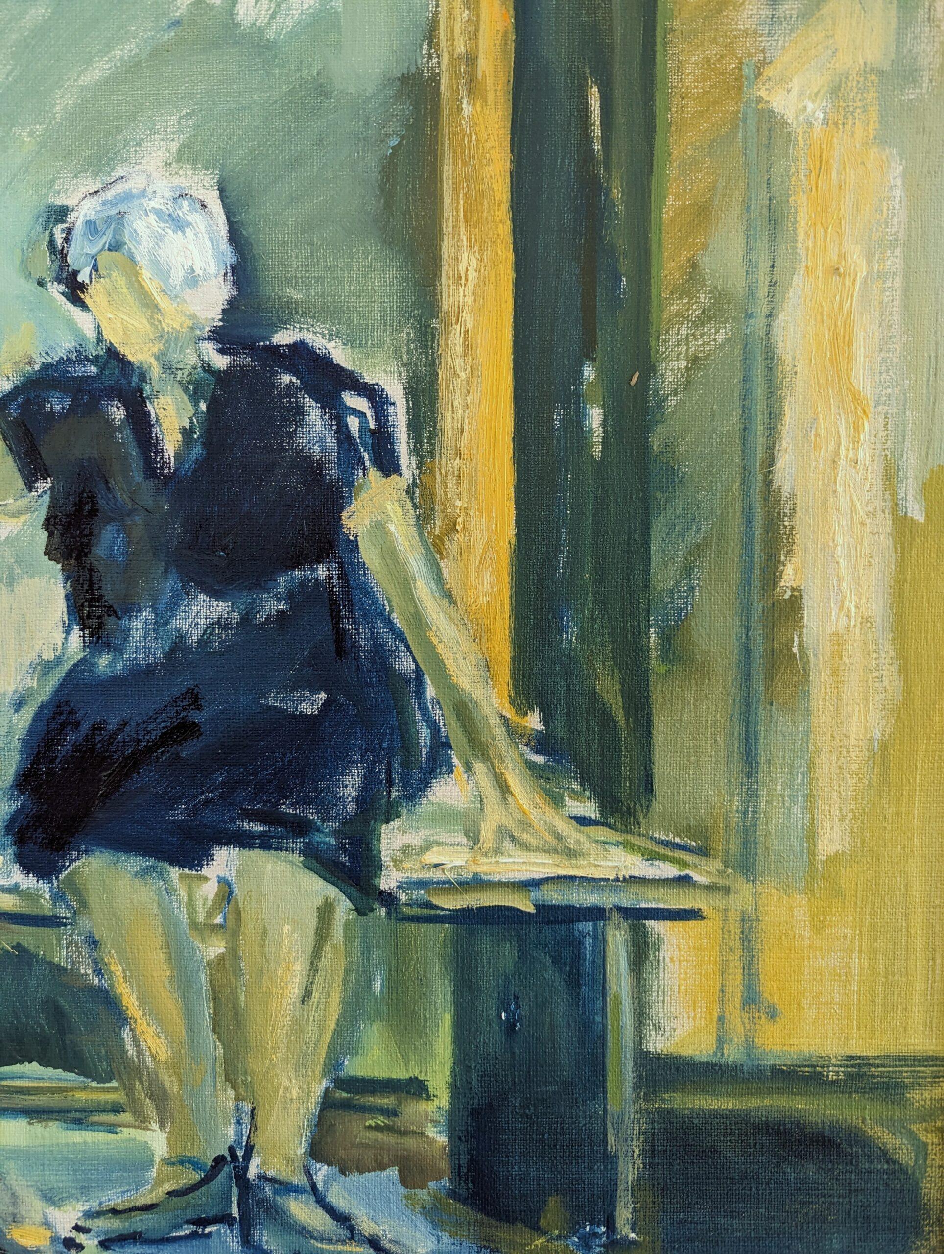 CONFORT
Tamaño: 63 x 72 cm (incluido el marco)
Óleo sobre lienzo

Una emotiva composición figurativa que capta un momento íntimo entre dos figuras sentadas una al lado de la otra en un banco, realizada en óleo sobre lienzo y fechada en