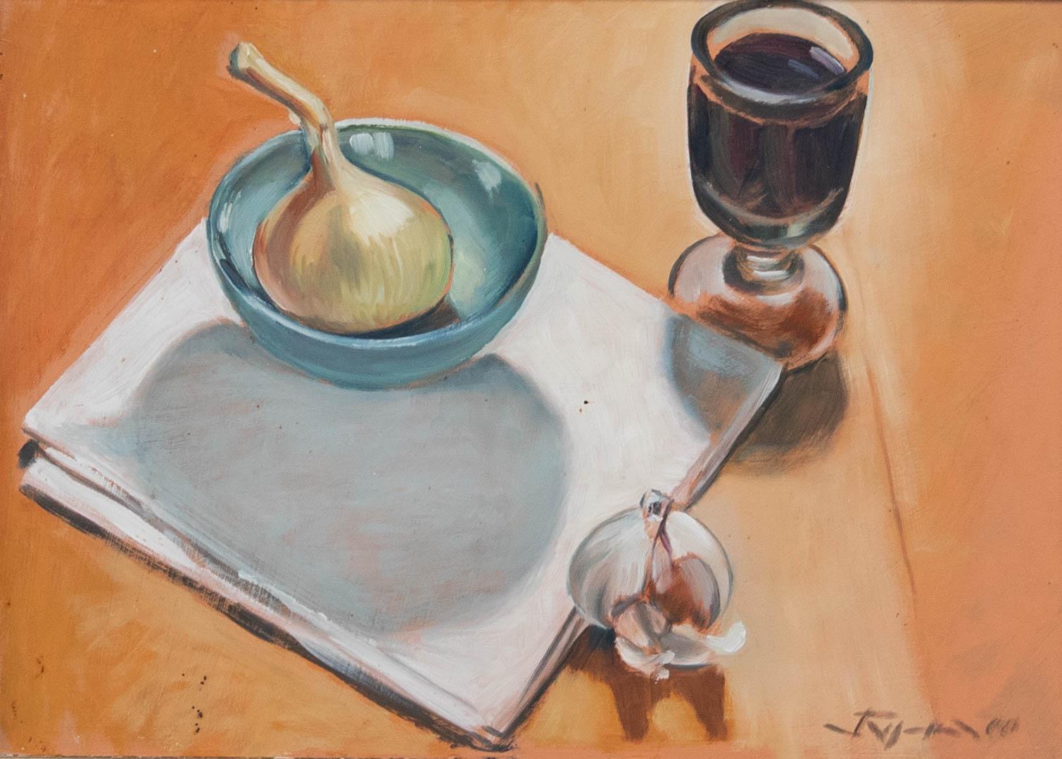 2000 Oil - Onions and Wine - Painting by Unknown