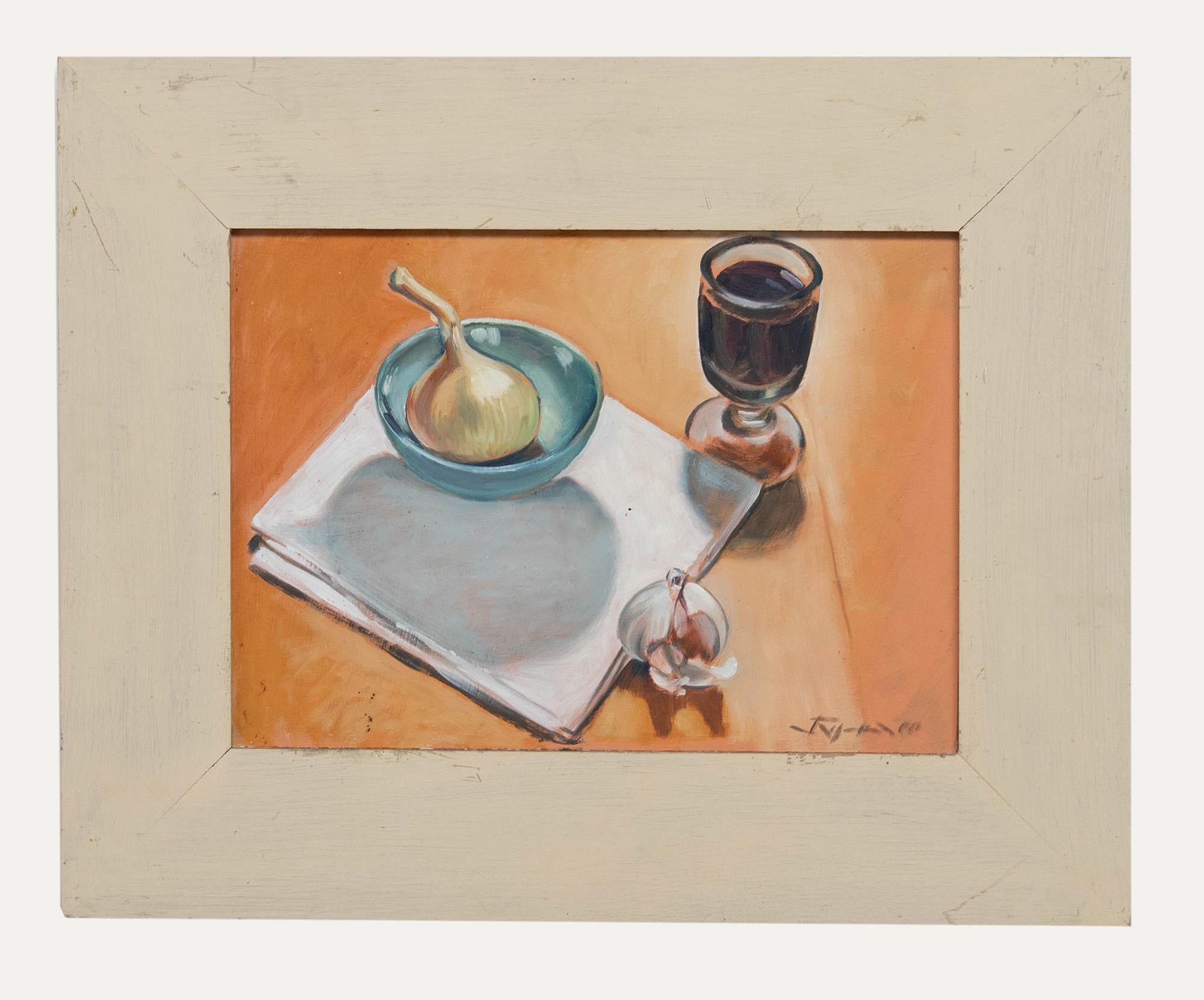 Unknown Still-Life Painting - 2000 Oil - Onions and Wine