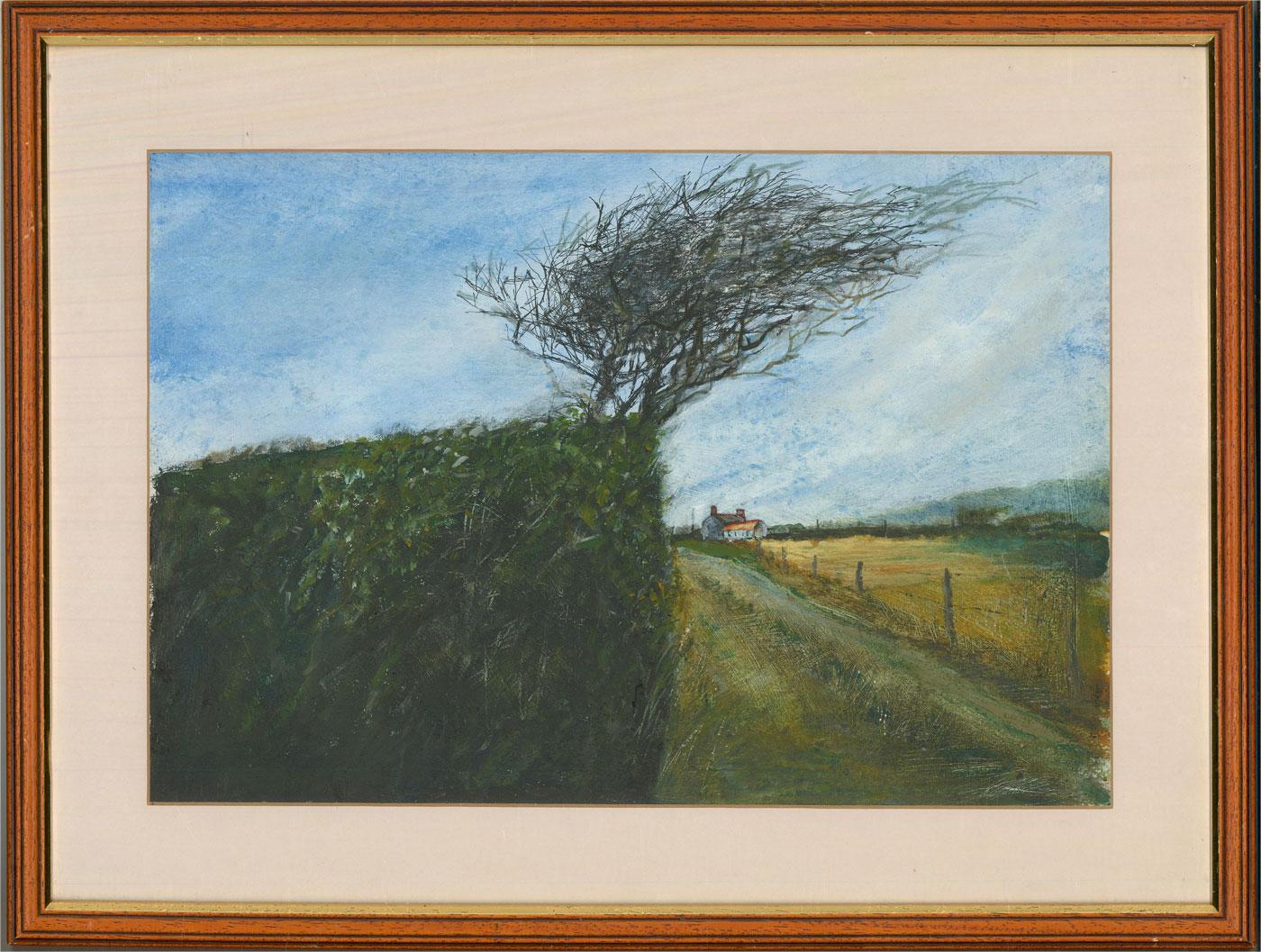 A captivating acrylic painting, depicting a rural scene with a cottage in the distance. Signed illegibly to the lower right-hand corner. The title and date are inscribed on the reverse. Presented in a light pink card mount and in a wooden frame with