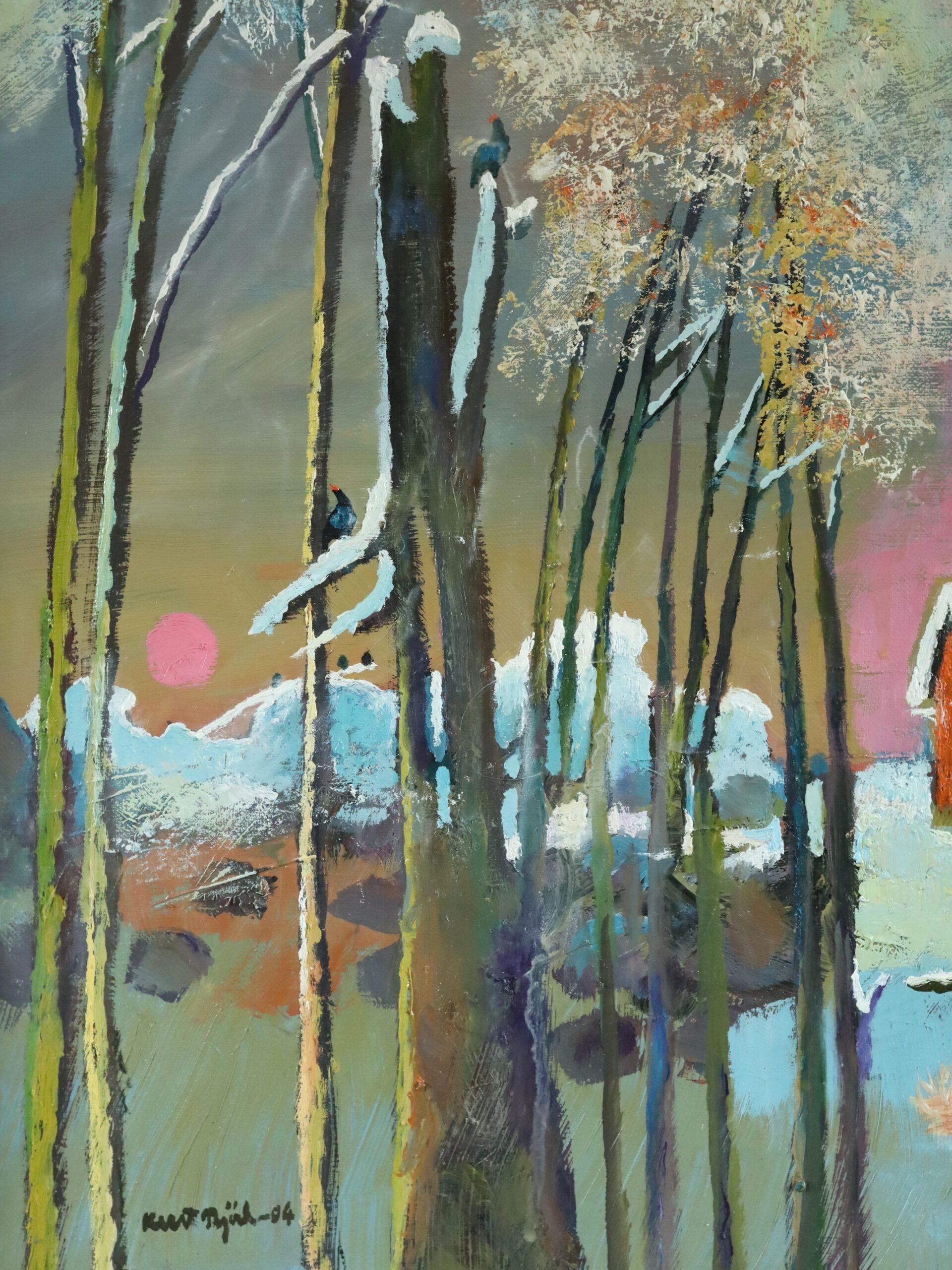 2004 Paesaggio originale contemporaneo dipinto a olio - Tramonto tra i pini in vendita 5