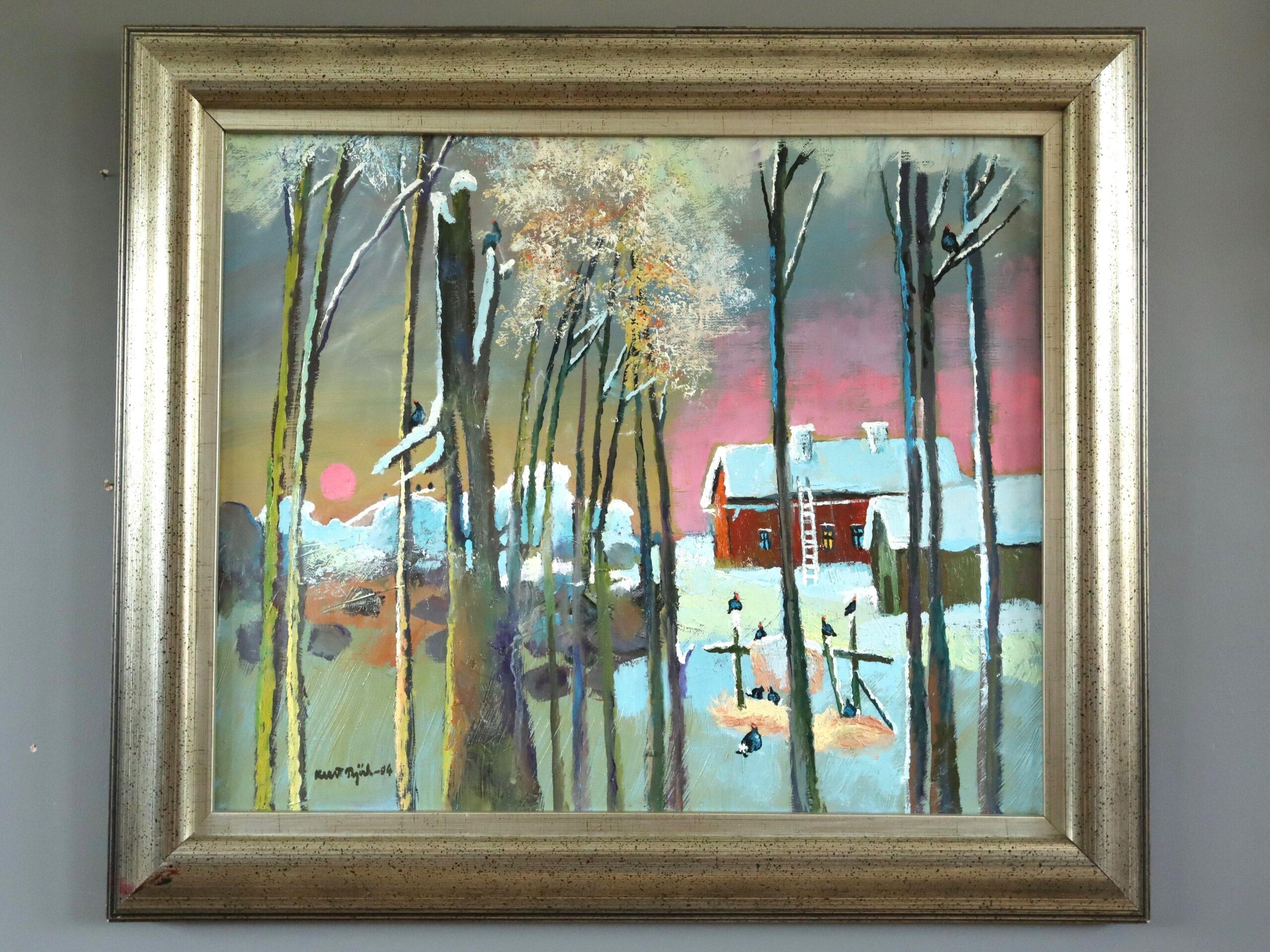 2004 Paesaggio originale contemporaneo dipinto a olio - Tramonto tra i pini - Painting di Unknown