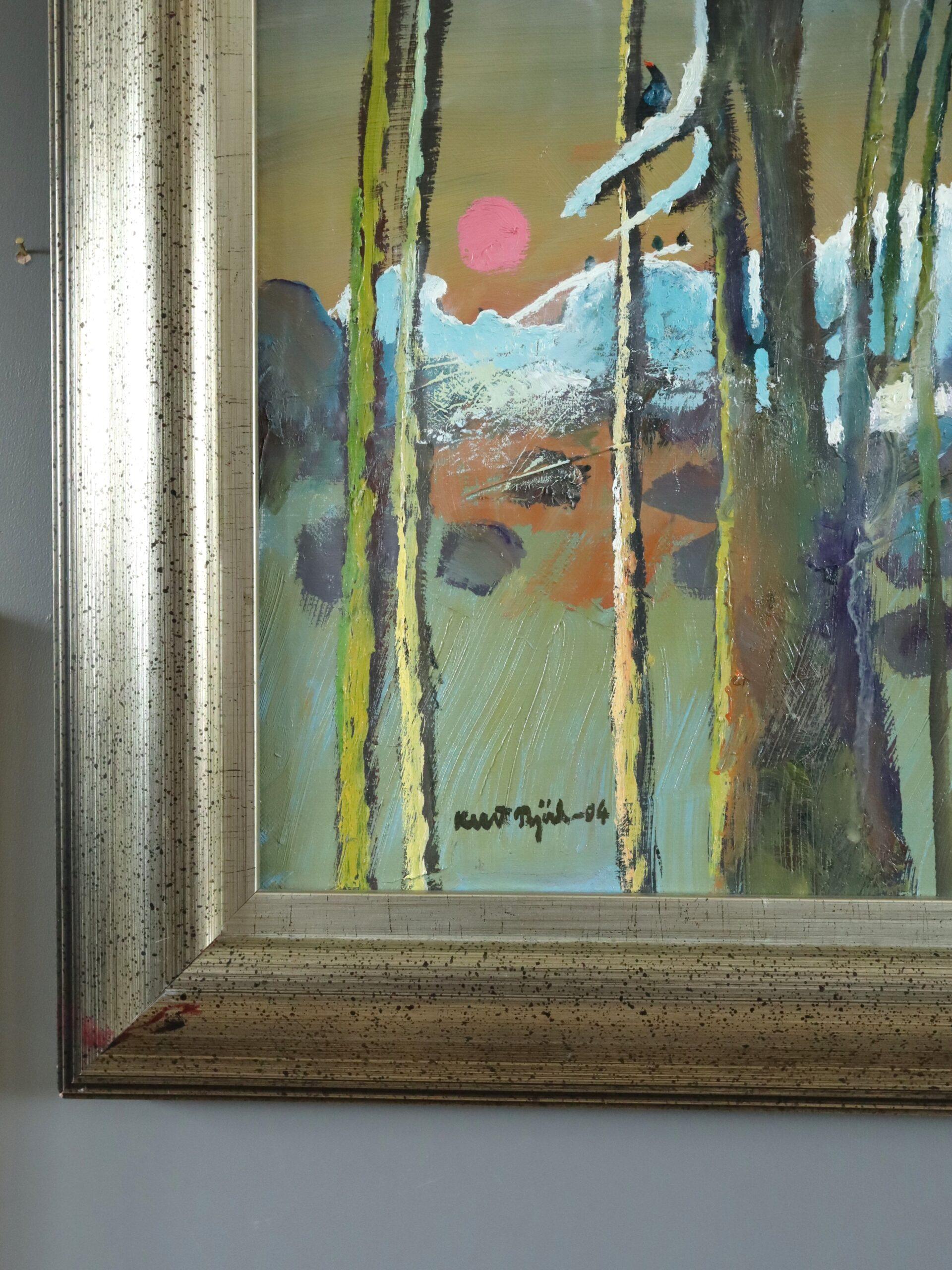 2004 Paesaggio originale contemporaneo dipinto a olio - Tramonto tra i pini in vendita 2