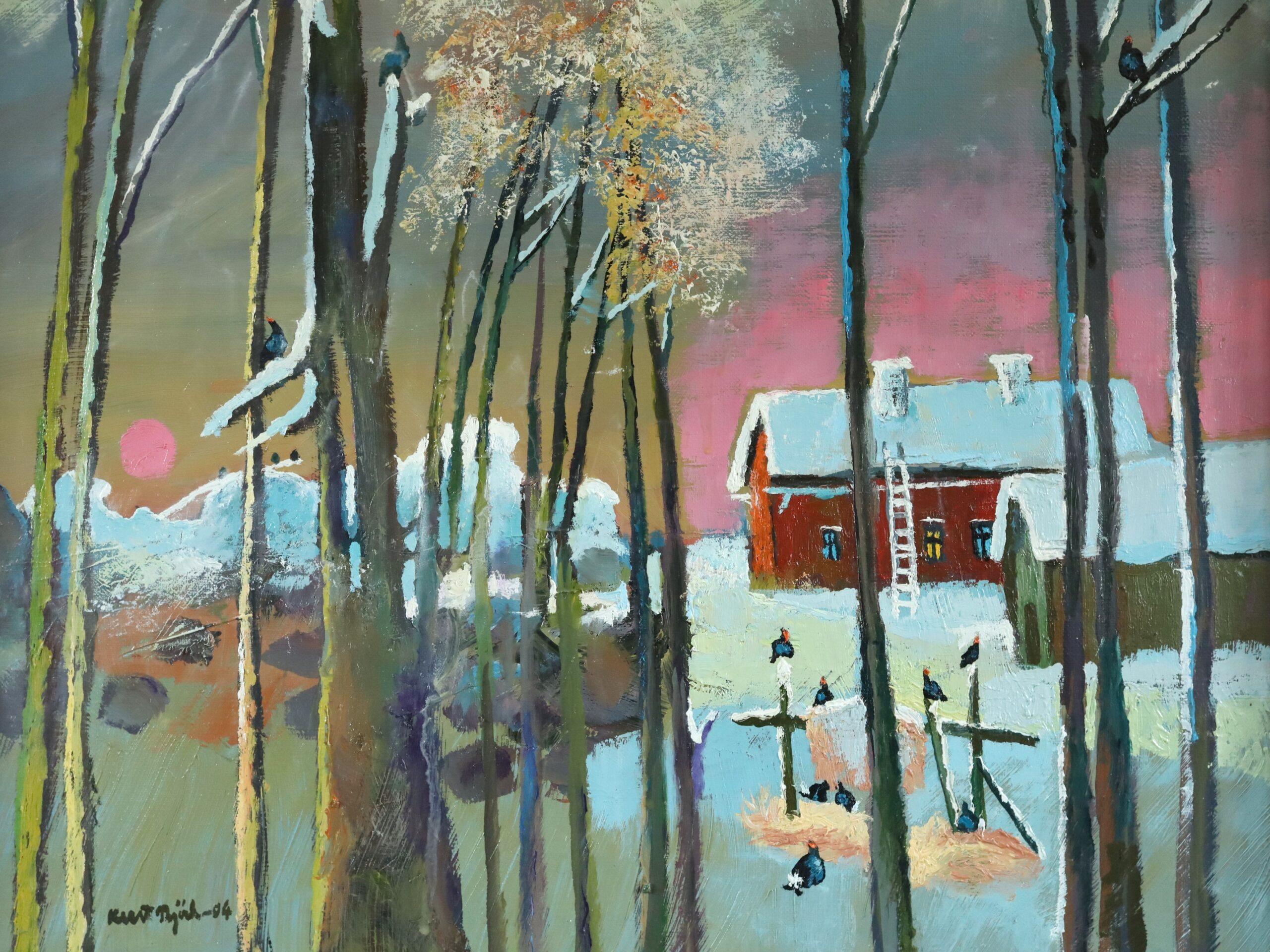 2004 Paesaggio originale contemporaneo dipinto a olio - Tramonto tra i pini in vendita 4
