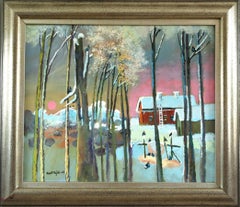 2004 Paesaggio originale contemporaneo dipinto a olio - Tramonto tra i pini