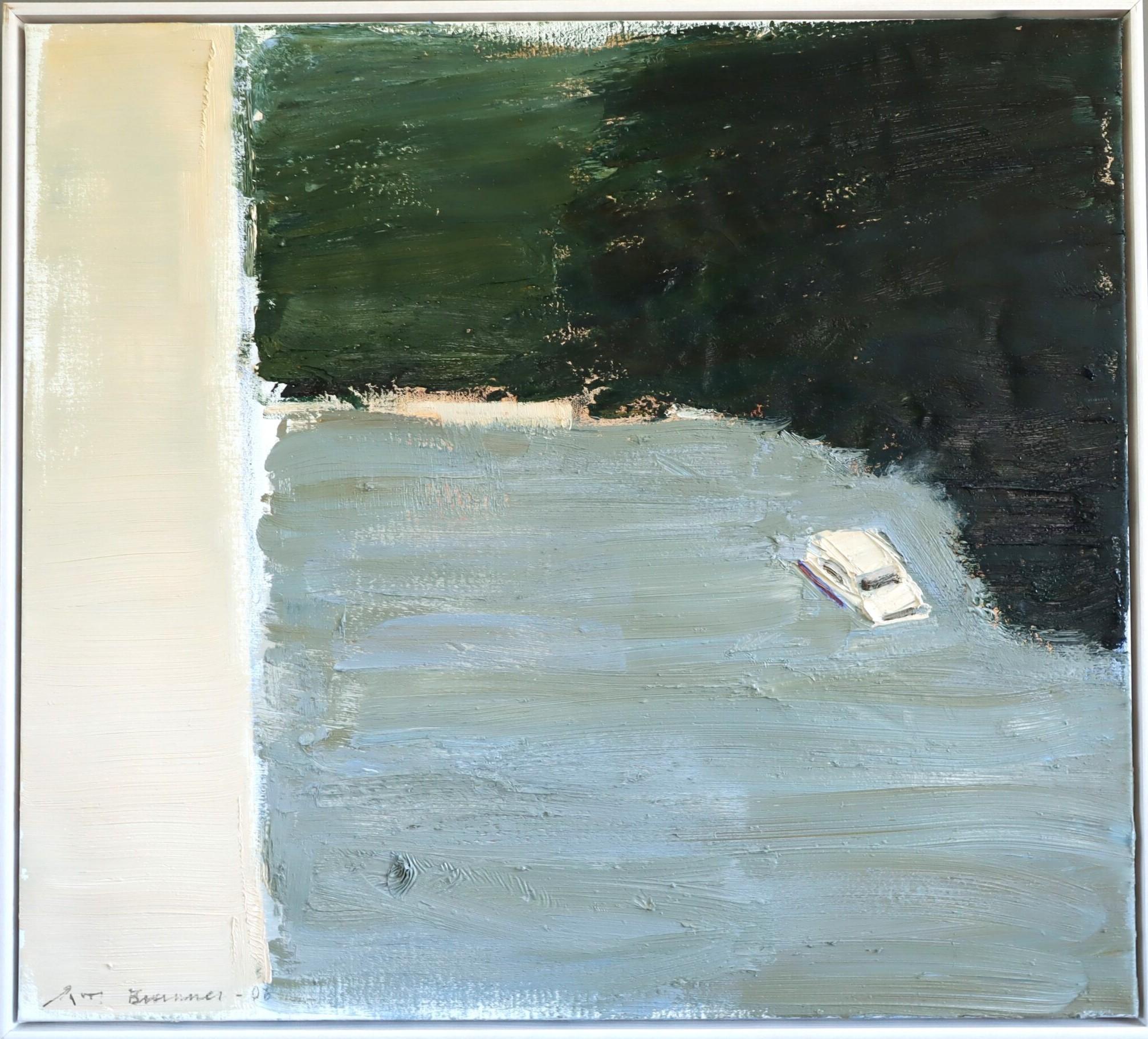 2006 Pittura ad olio di un paesaggio costiero svedese moderno e minimalista  La barca Whiting