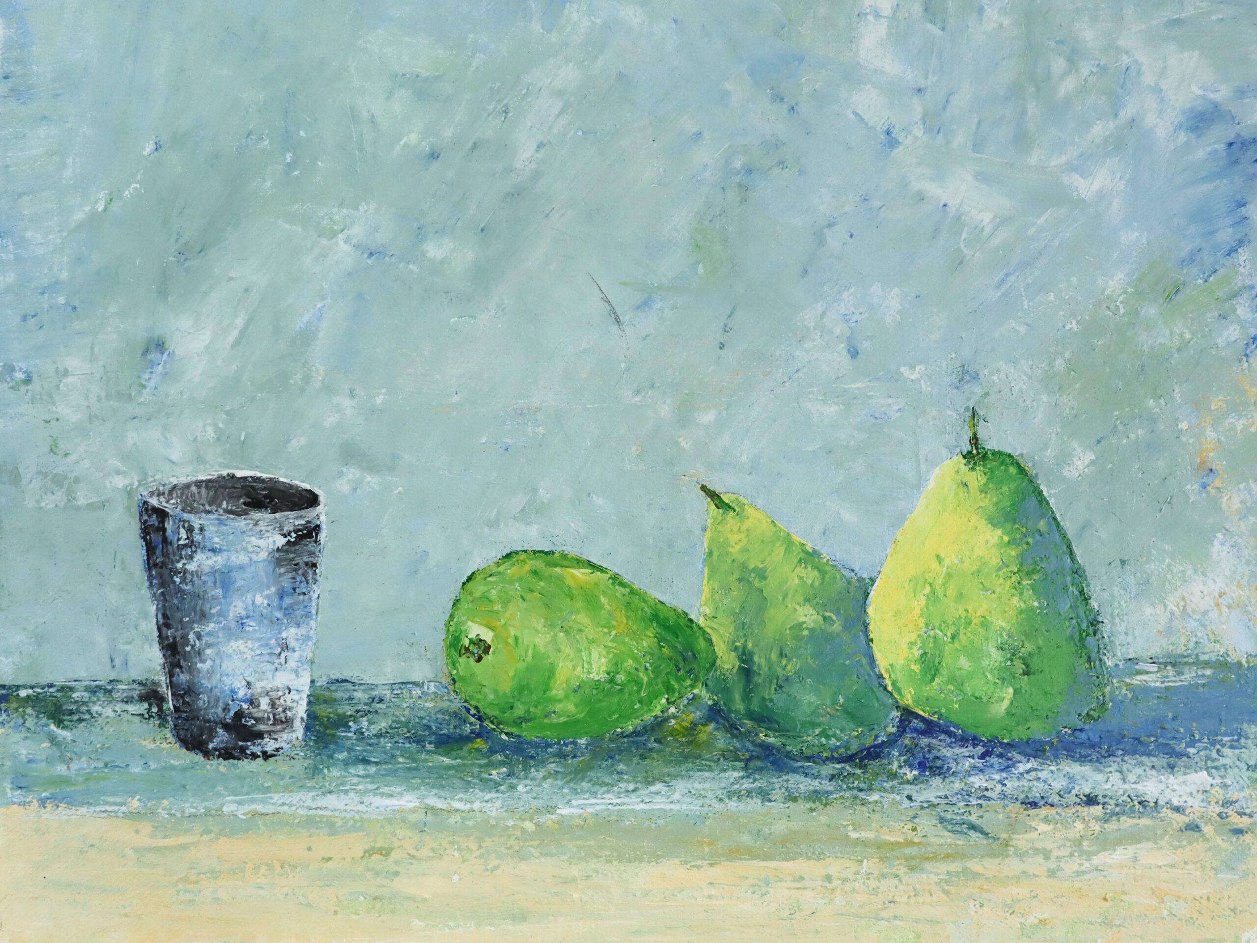 2008 Zeitgenössisches impressionistisches Stillleben Ölgemälde - Drei Birnen und eine Tasse im Angebot 5