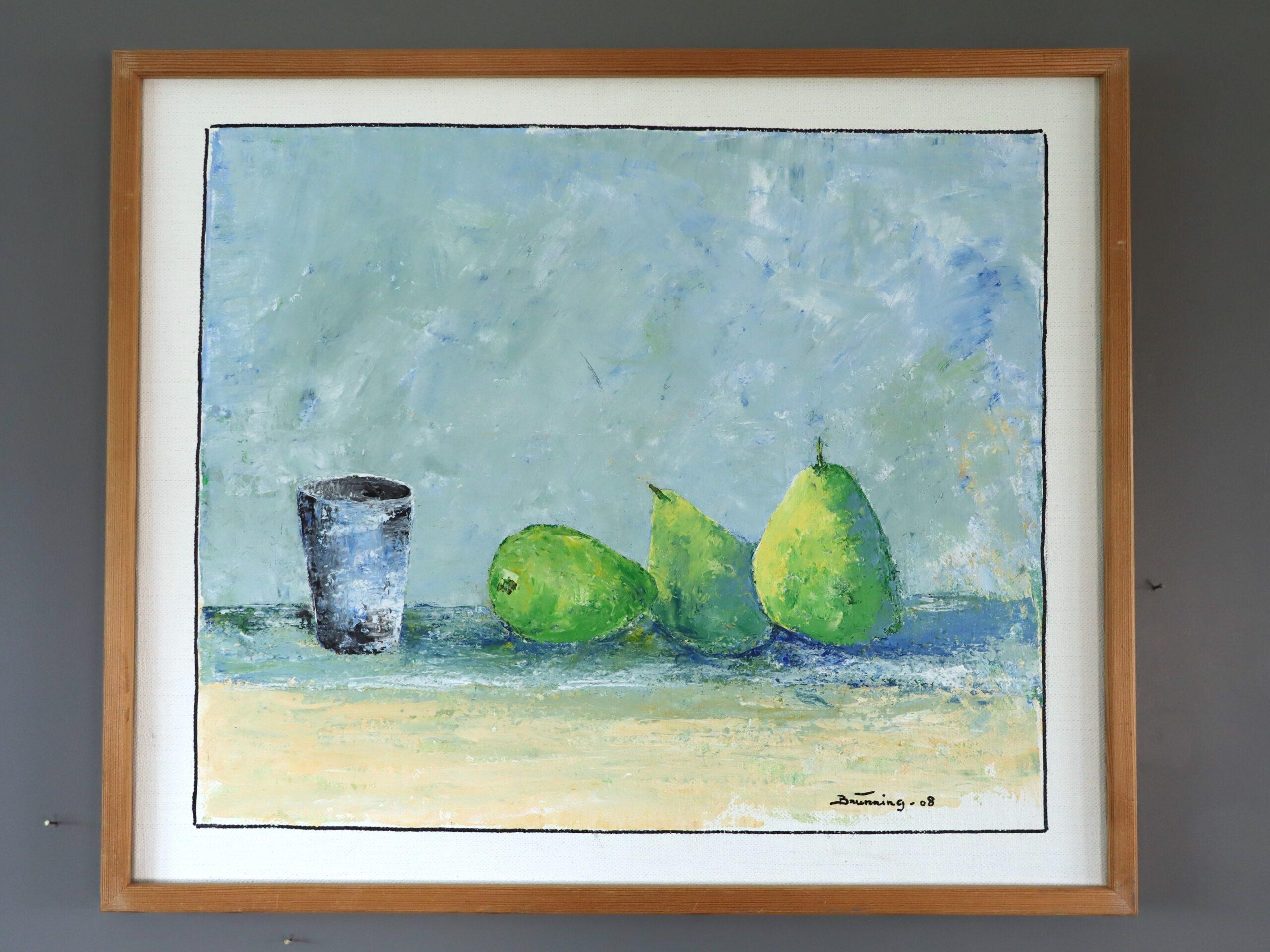 2008 Zeitgenössisches impressionistisches Stillleben Ölgemälde - Drei Birnen und eine Tasse – Painting von Unknown