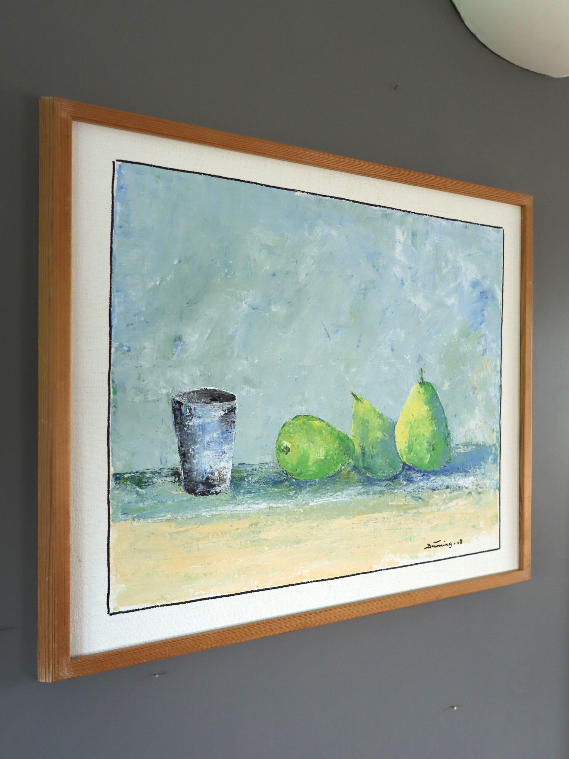 2008 Zeitgenössisches impressionistisches Stillleben Ölgemälde - Drei Birnen und eine Tasse (Grau), Still-Life Painting, von Unknown