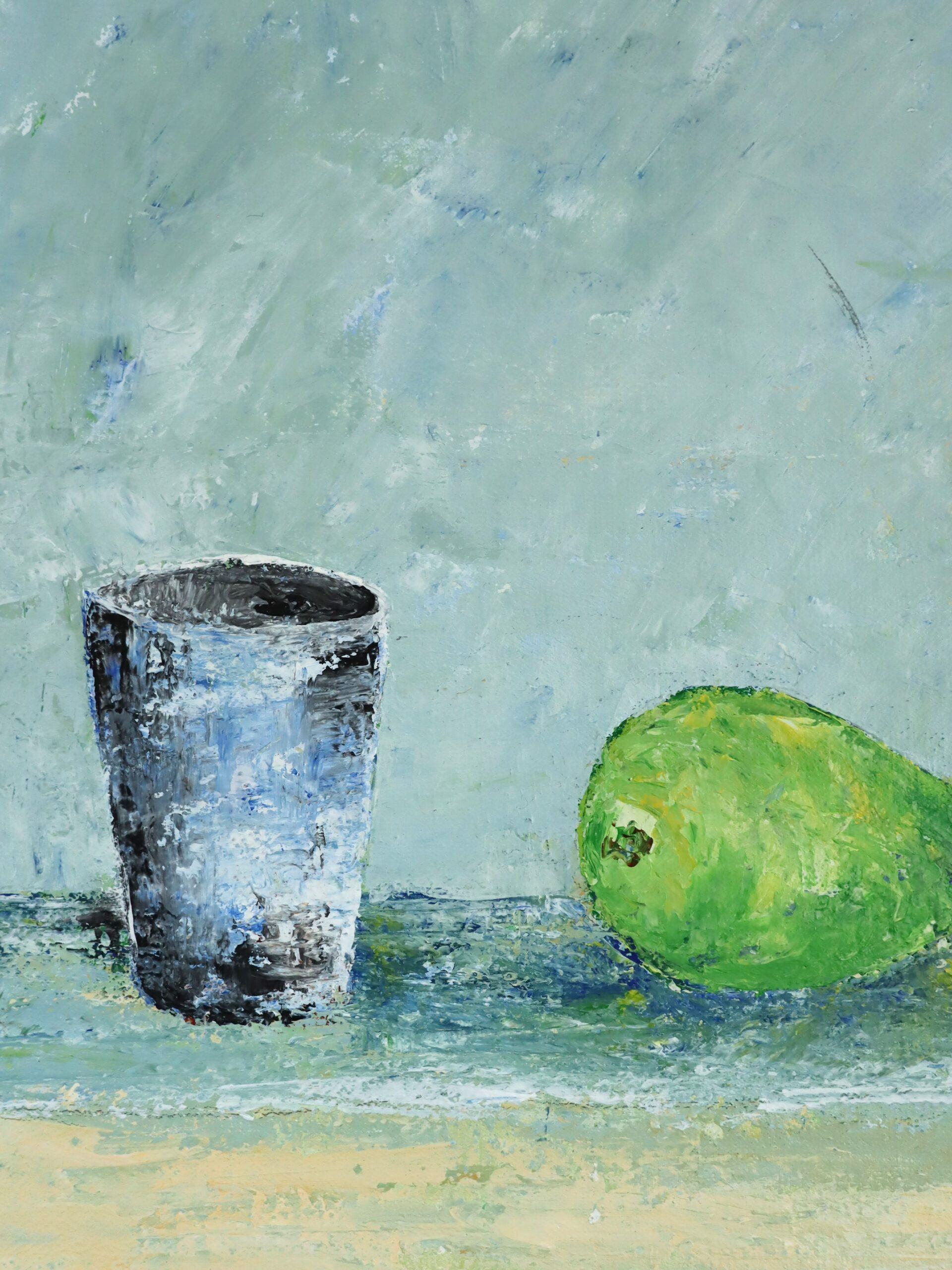 2008 Zeitgenössisches impressionistisches Stillleben Ölgemälde - Drei Birnen und eine Tasse im Angebot 3