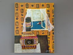 2012 Pintura al óleo de bodegón contemporáneo de estilo naïve - Jarrón estampado
