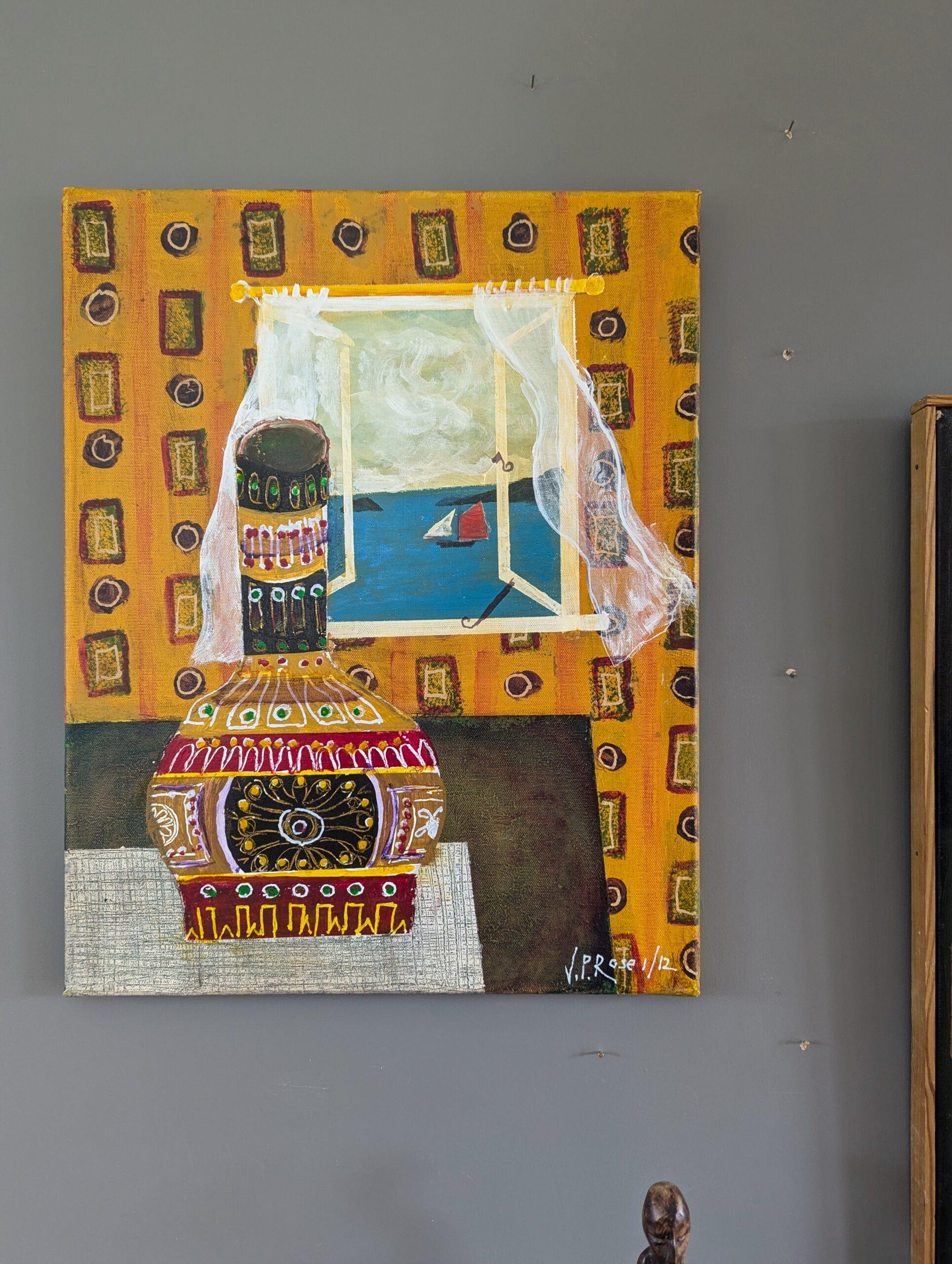 2012 Pittura ad olio di natura morta in stile naïf contemporaneo - Vaso a motivi - Still-Life Painting Marrone di Unknown