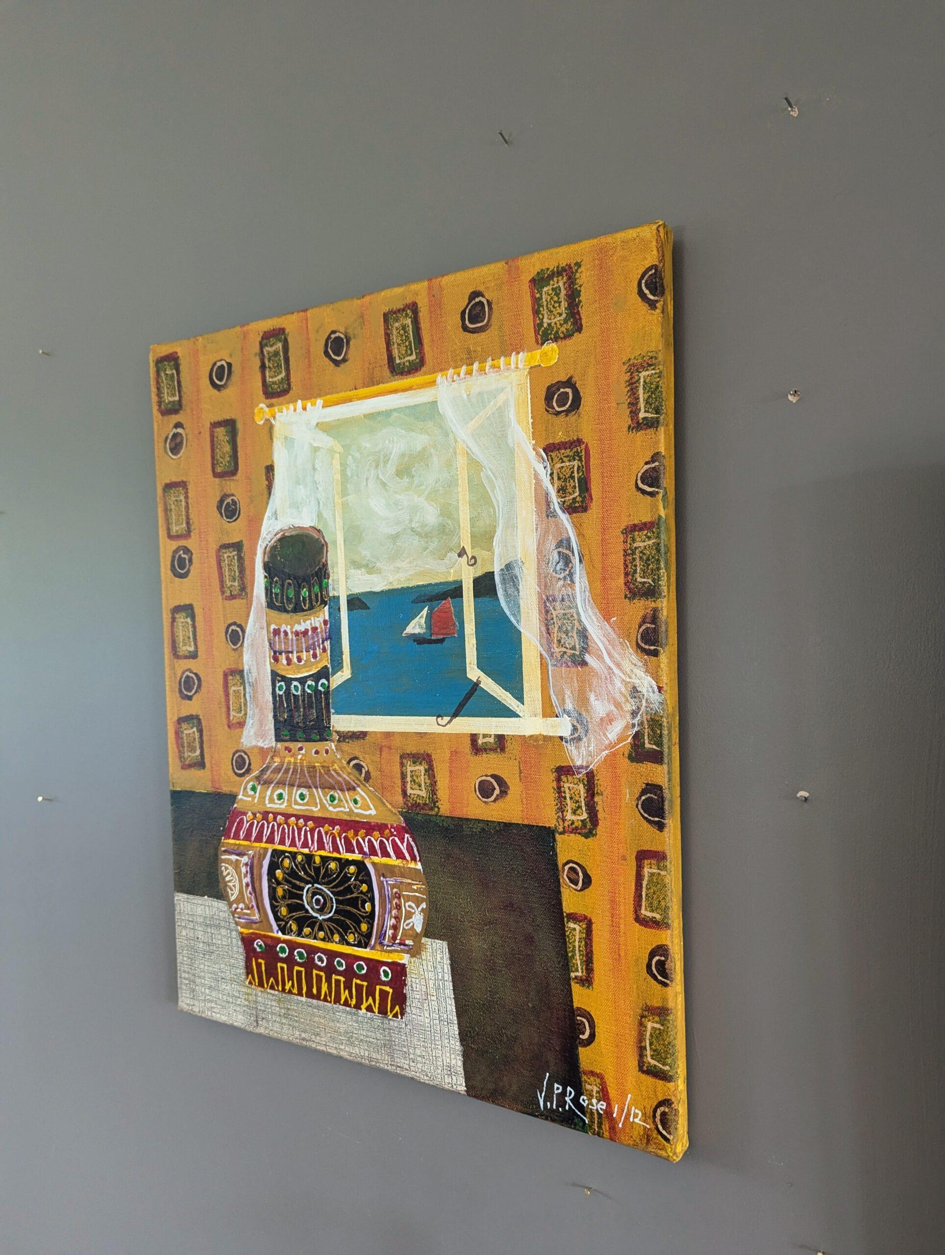 2012 Pittura ad olio di natura morta in stile naïf contemporaneo - Vaso a motivi in vendita 1