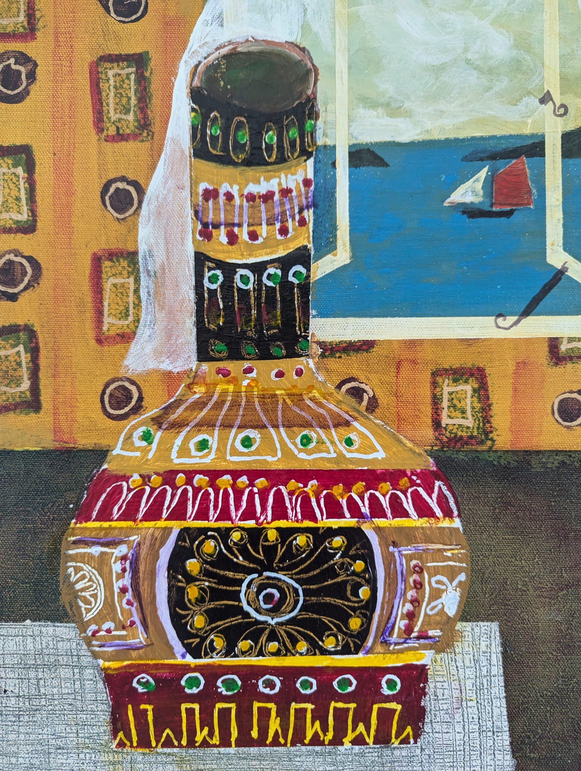 2012 Pittura ad olio di natura morta in stile naïf contemporaneo - Vaso a motivi in vendita 3