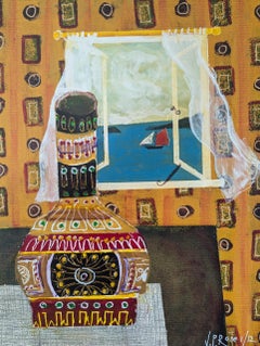 2012 Pintura al óleo de bodegón contemporáneo de estilo naïve - Jarrón estampado