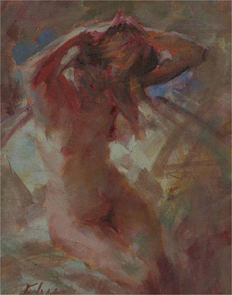 2014 Oil - Seated Female Nude - Brown Portrait Painting by Unknown